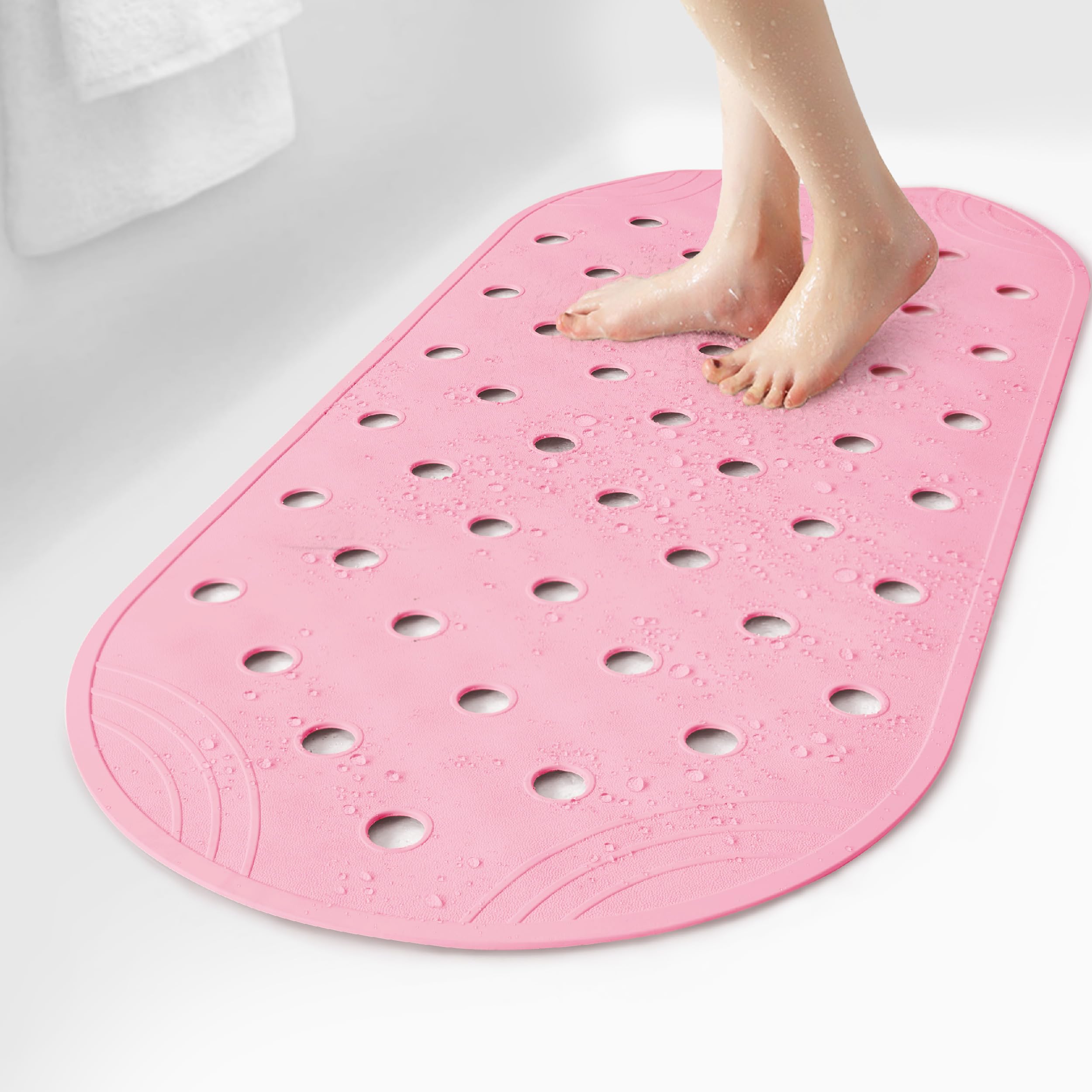 Selfsuite Rubber Bathtub Mat Shower Mat Non-Slip, 31X14 Inch, Bath Tub Floor Mat With Suction Cups And Drainage Holes, Pink