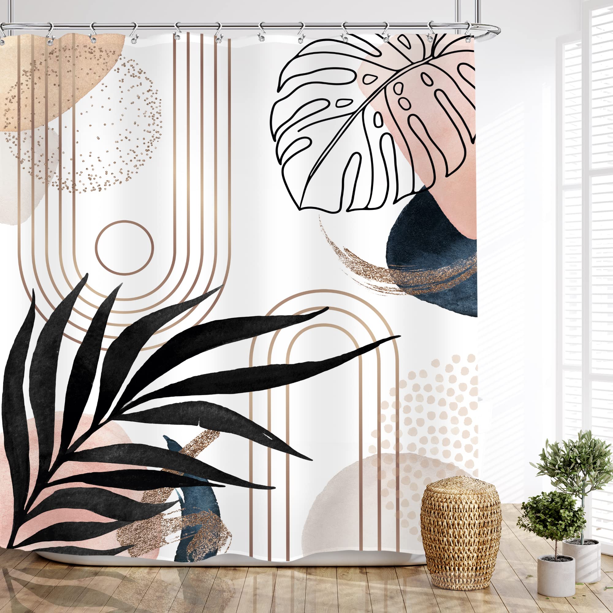 Glawry Abstract Mid Century Shower Curtain 60Wx72L Inches Modern Boho Botanical Geometric Navy Pink Minimalist Bathroom Watercol