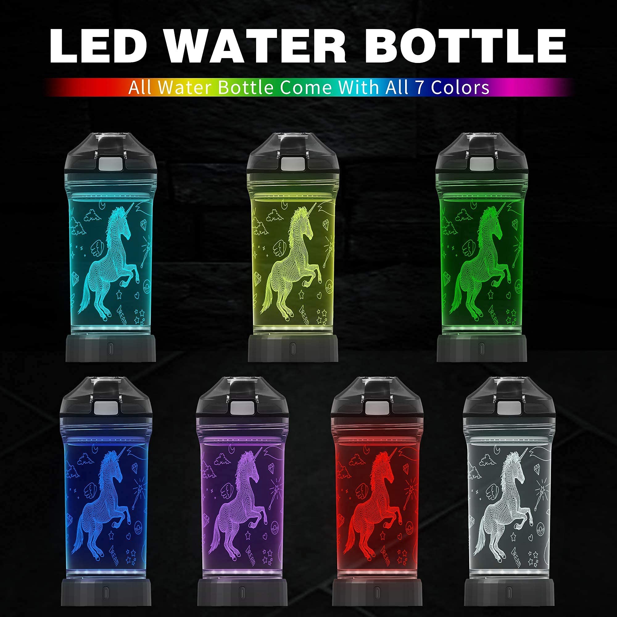 YuanDian Light Up Kids Water Bottle with 3D LED Light- 14 OZ Tritan BPA Free - 7 Color Light Cool Drinking Cups Gift for School