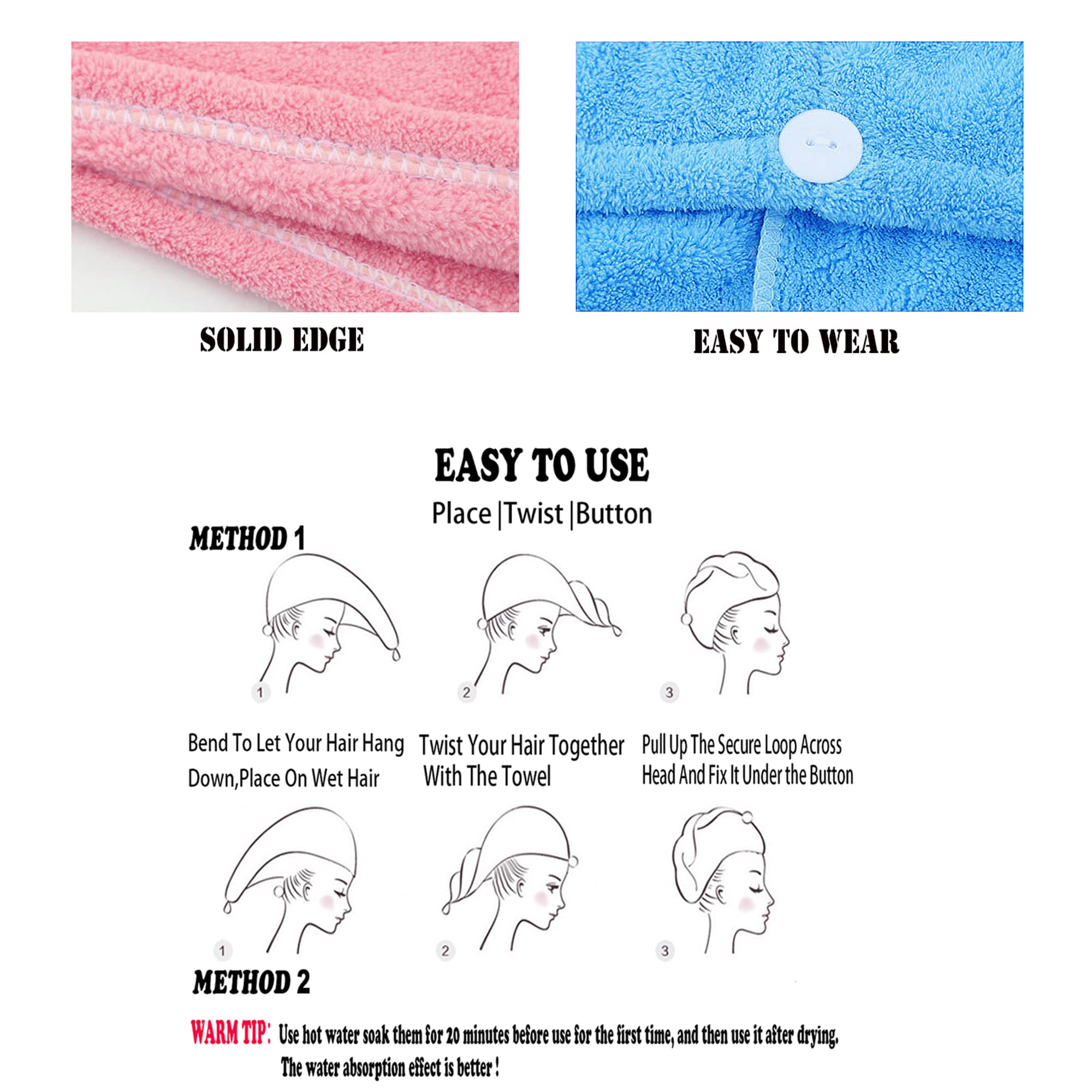 ELLEWIN Microfiber Hair Towel Wrap for Women 3 Pack,Hair Drying Turban with Button,Anti Frizz,Super Absorbent Quick Dry Hair Tow