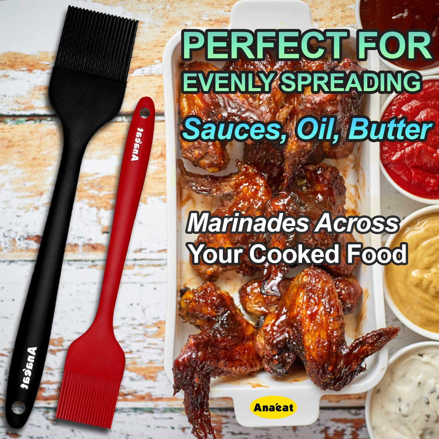 Anaeat 2 Pack Silicone Basting Pastry Brushes - Heat Resistant Brush With Soft Bristles, Hygienic One Piece Design, Marinade Bru