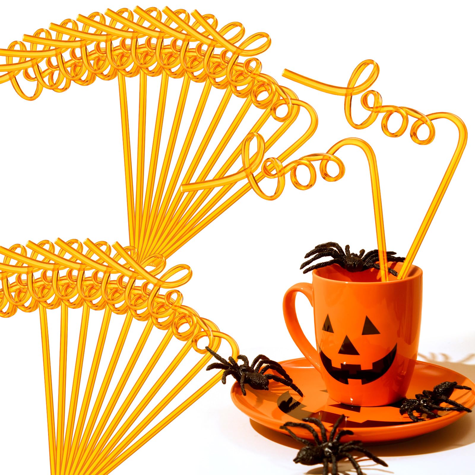 Potchen 50 Pcs Halloween Boo Straws Decoration Bulk Funny Orange Plastic Straws Halloween Fall Thanksgiving Party Gifts Supplies