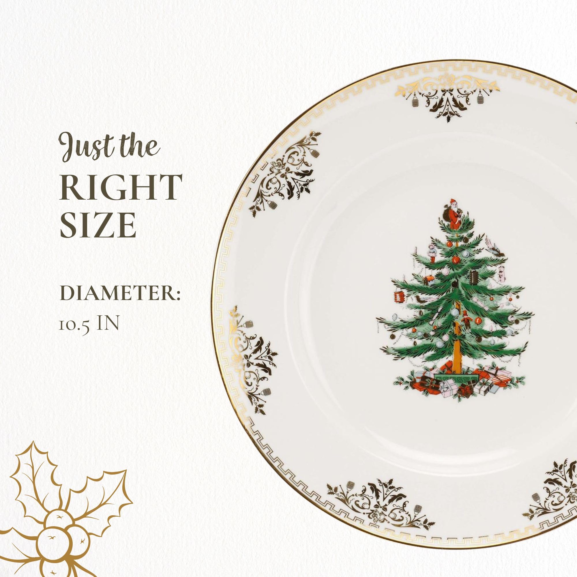 Spode Christmas Tree Gold Dinner Plate, 10.5-Inch Porcelain, Multicolor, Model 1557109, Microwave & Dishwasher Safe