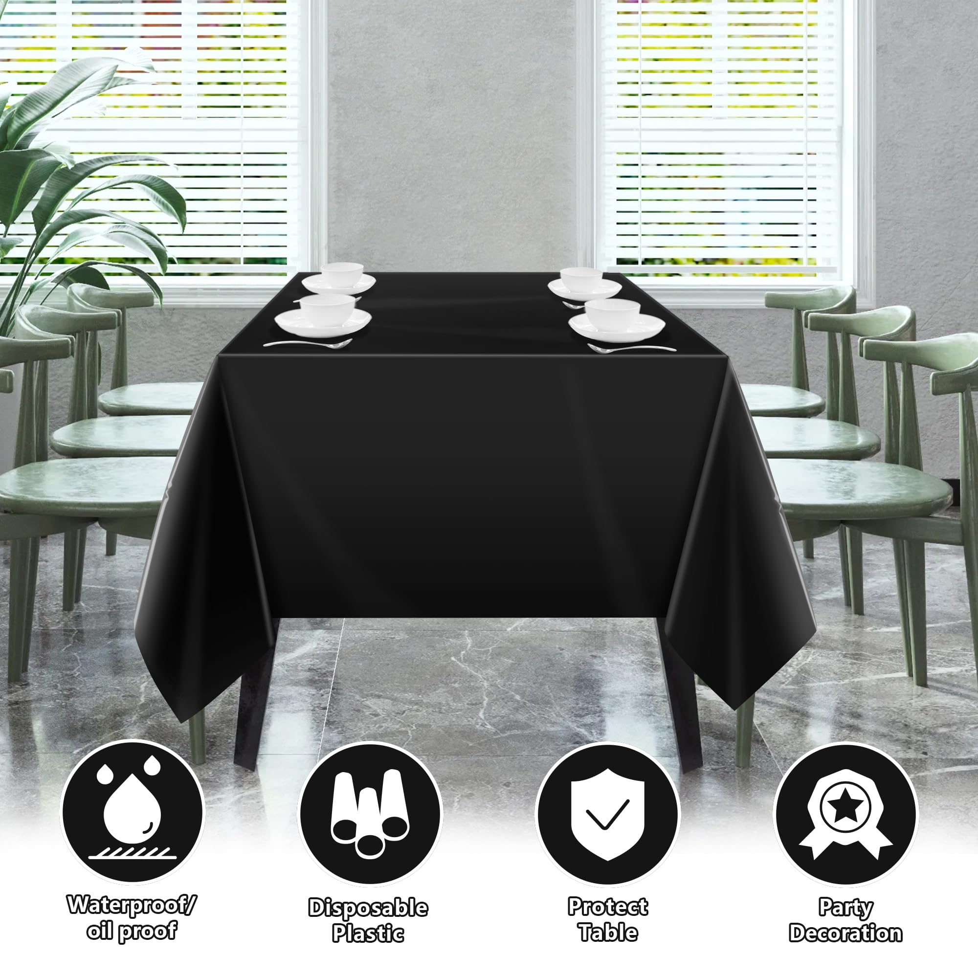 Ohome 4 Pack Plastic Table Cloth Disposable - Black Tablecloths - Black Plastic Tablecloth For 6 To 8 Ft Rectangle Table - Black