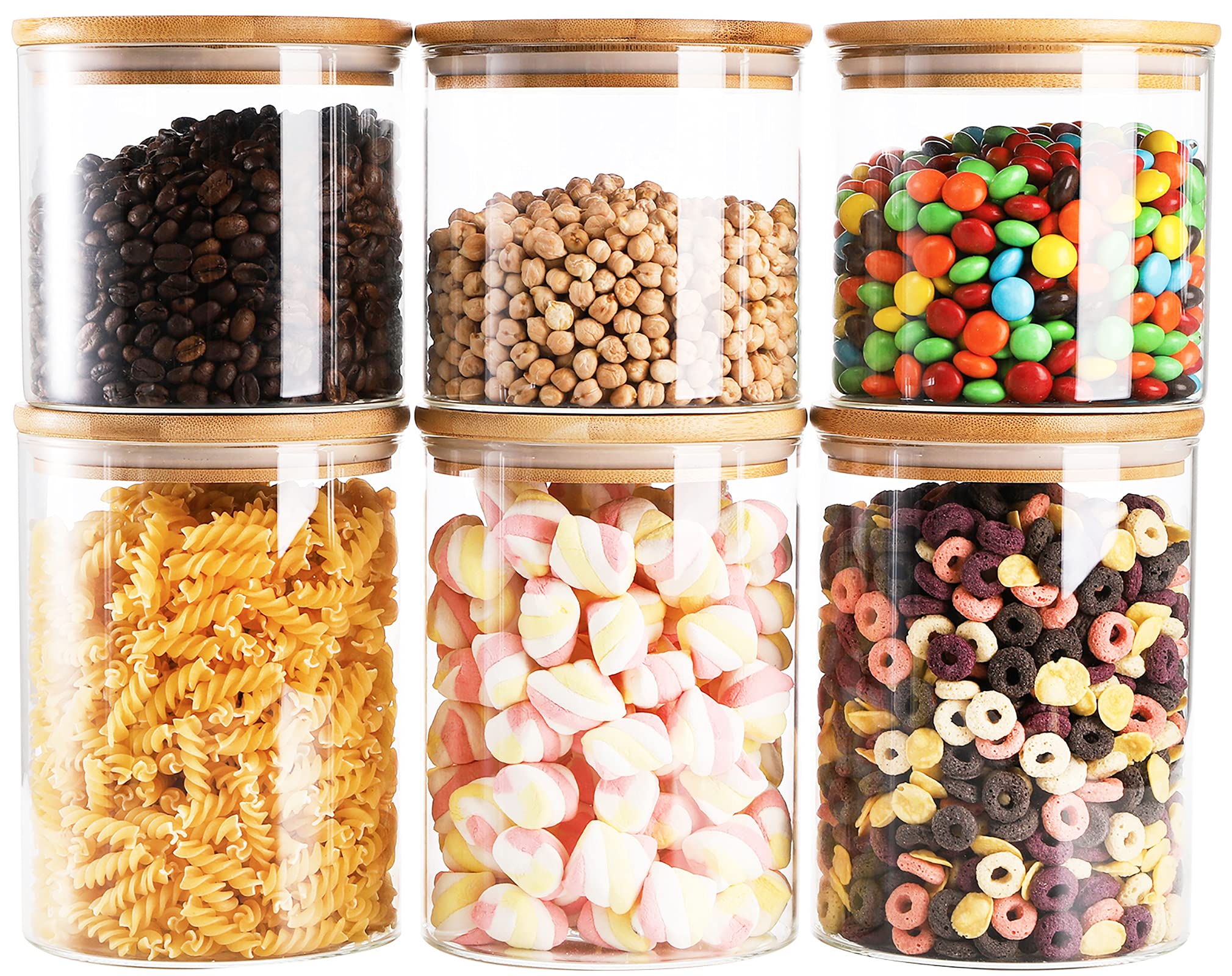 Lawei Set Of 6 Glass Food Jars With Bamboo Lids  36Oz 55Oz Airtight Glass Canisters Glass Storage Jars For Candy Cookie Rice Be
