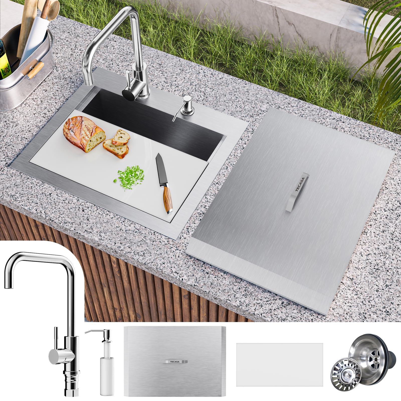Outdoor Sink, Tecasa 21 X 18 Inch Drop-In Workstation Kitchen Sink, T304 Stainless Steel Kitchen Bar Sink, Single Bowl Bar Sink