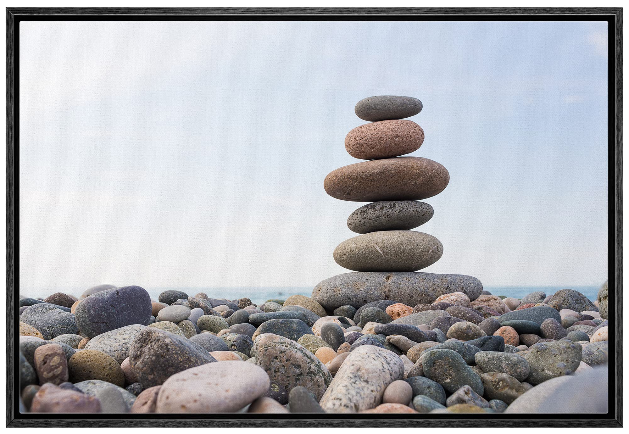 Wall26 - Framed Canvas Prints Wall Art - Zen Stones Balance, Pebbles Stack Over Blue Sea  Modern Wall Decor/Home Decoration Stre