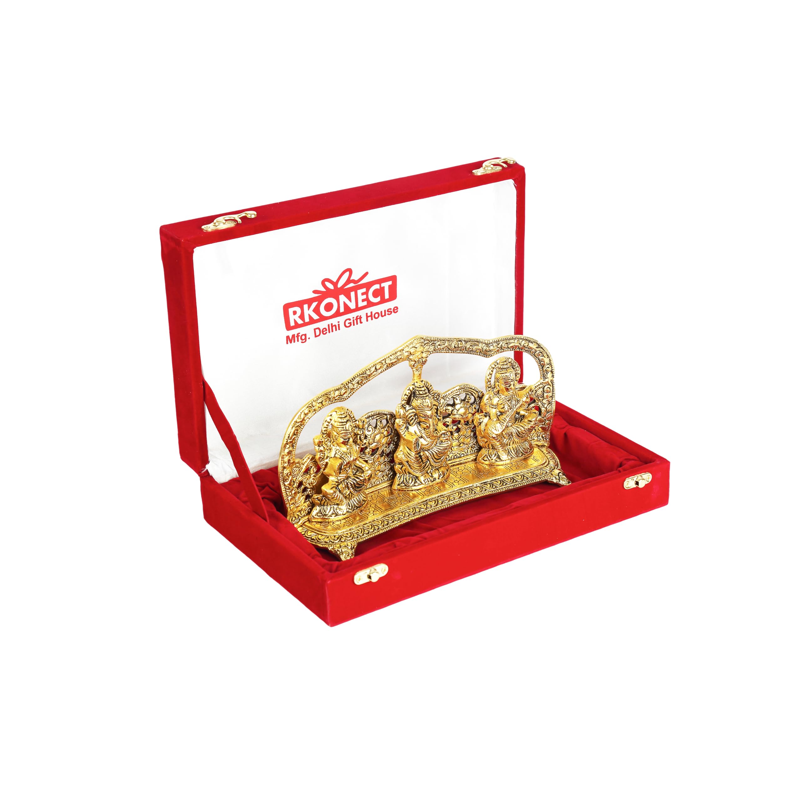Rkonect Gold Plated Metal Laxmi Ganesh Saraswati Idol Murti Statue Under Velvet Gift Box With 6 Piece Diya || Size:- L 24 W 5 H
