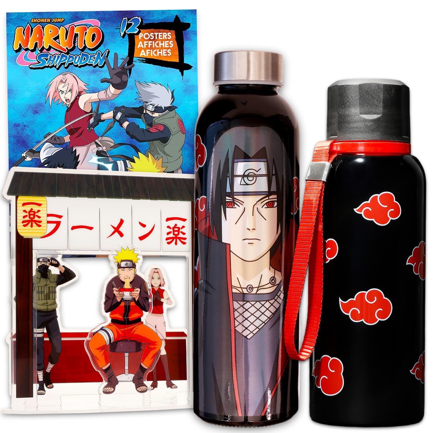 Naruto Shippuden Water Bottle Set  Bundle with 12 Oz Stainless Steel Bottle with Strap and 8 Oz Plastic Bottle Plus More | Naru