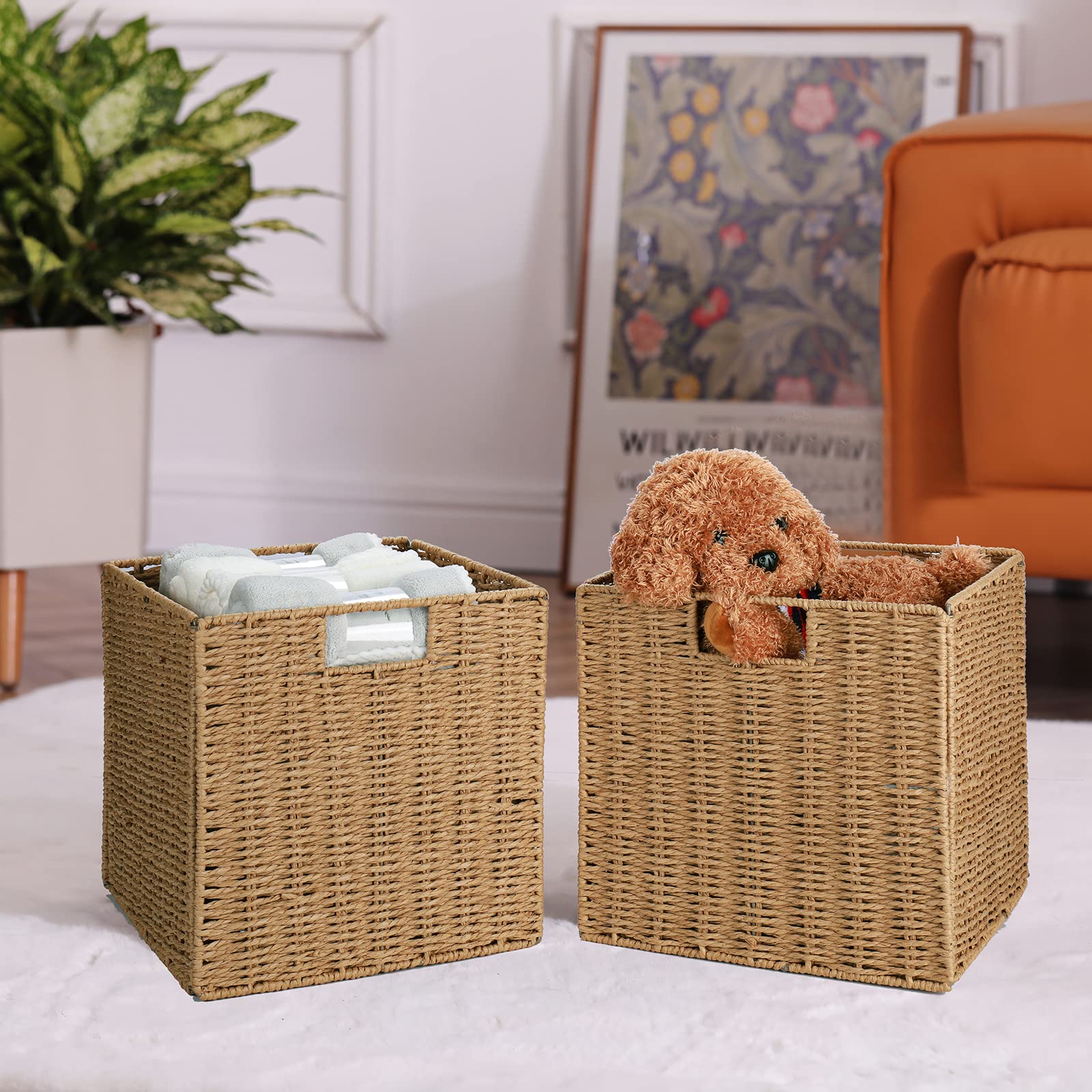 Vagusicc Wicker Baskets, Set Of 2 Hand-Woven Storage Baskets For Shelves With Handles, Foldable Cube Wicker Storage Basket Bins
