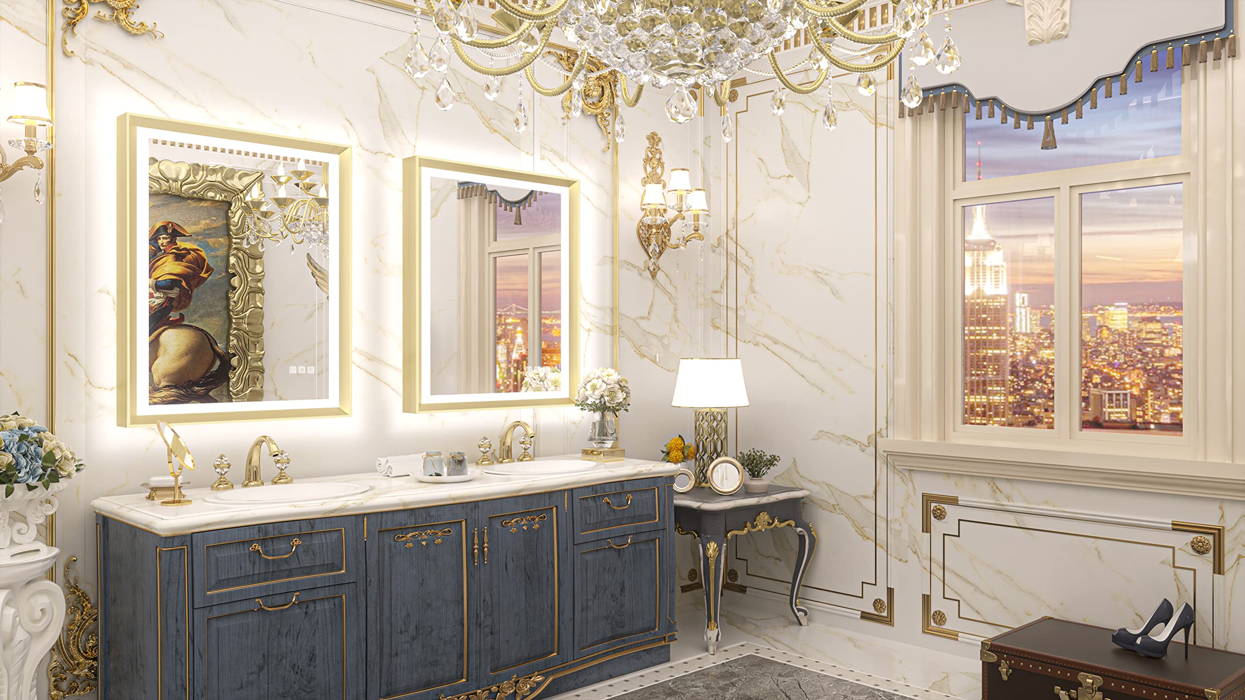 Tetote Gold Led Bathroom Mirror With Lights 24X36 Frontlit & Backlit Vanity Framed Mirror Baroque Anti Fog Stepless Dimmable Whi