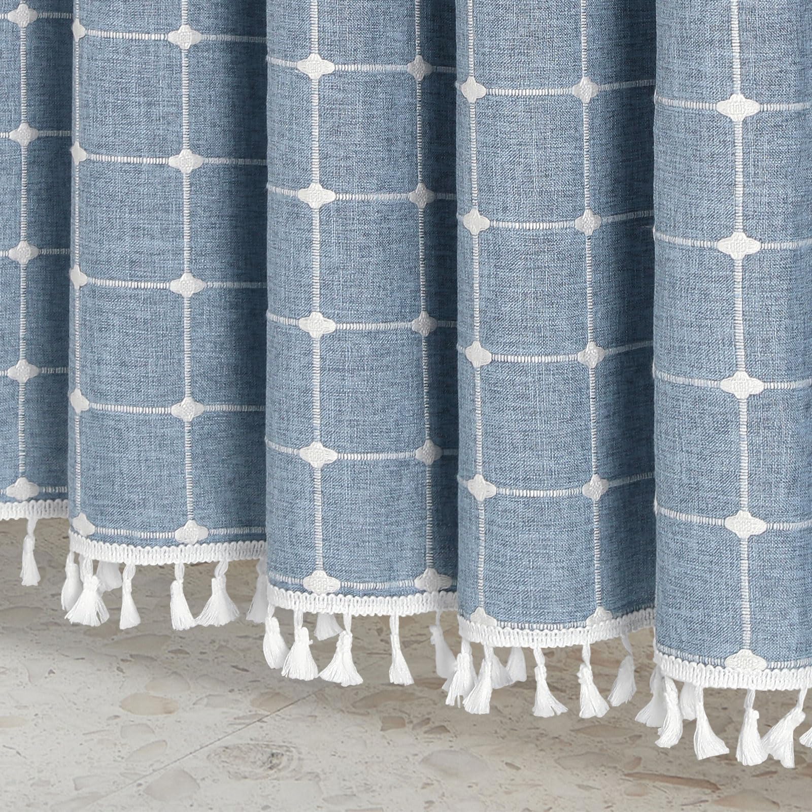 Mitovilla Blue Boho Extra Long Shower Curtain 72 X 84, Modern Farmhouse 84 Inch Xl Cotton Linen Texture Tassel Fabric Shower Cur