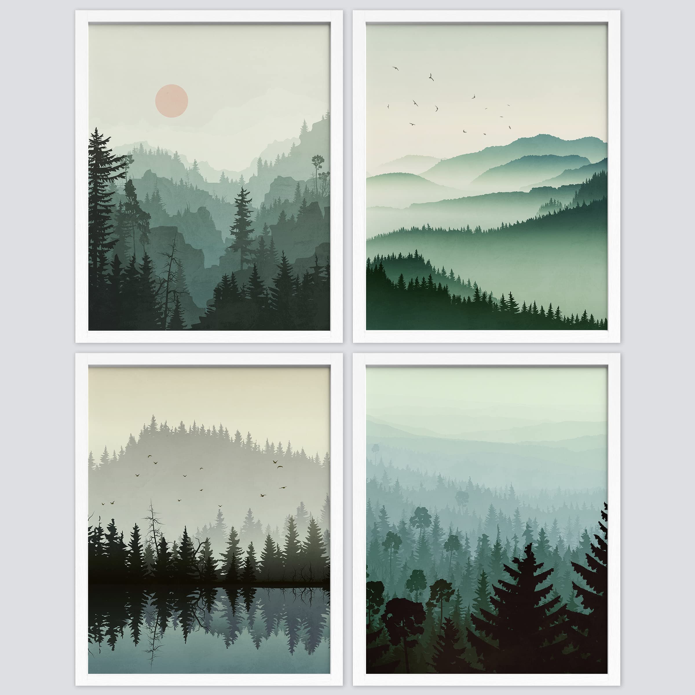 Signwin Framed Pastel Winter Mountain Wall Art, Set Of 4 Forest Landscapes Wall Decor Prints, Wilderness Nature Wall D  Cor For