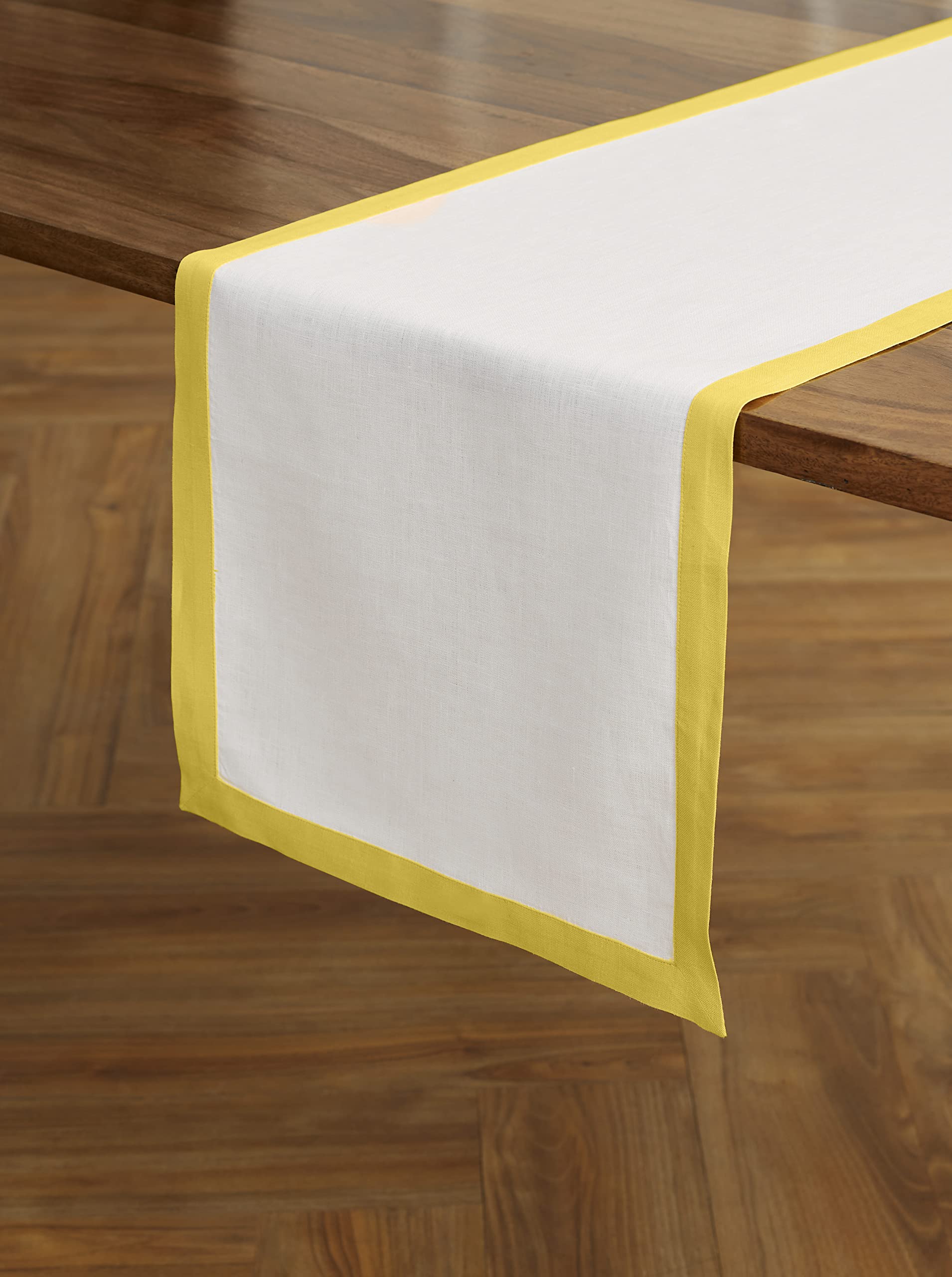 Solino Home Linen Table Runner - Sunshine Yellow and White 14 x 36 Inch - 100% Pure Linen Classic Table Runner for Spring  Summer - Handcrafted from European Flax and Machine Washable