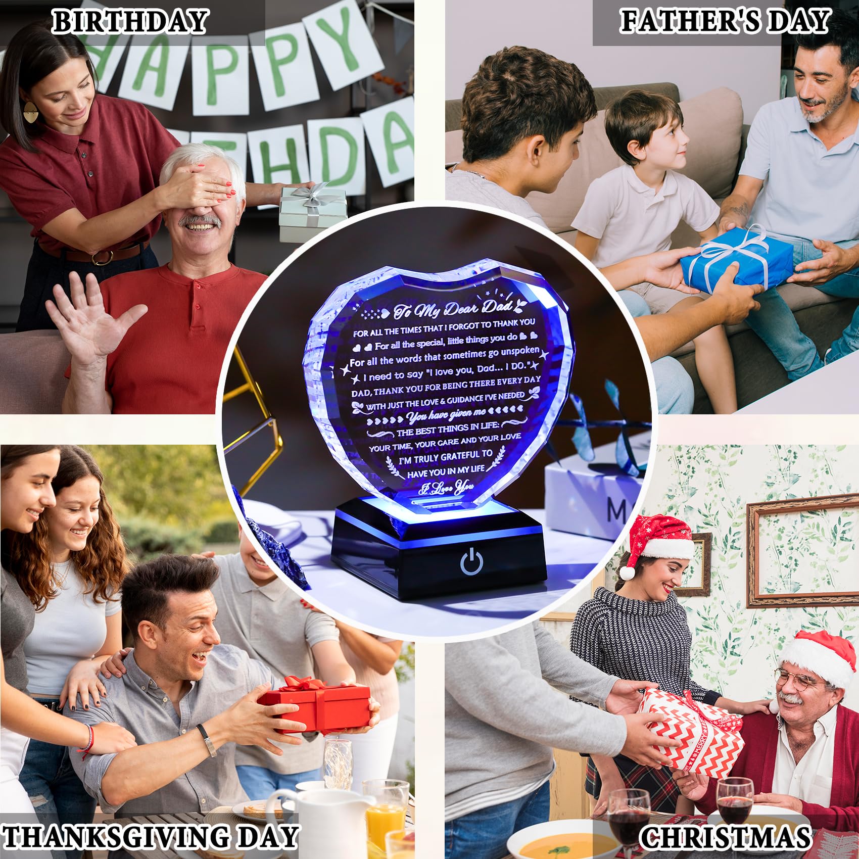 YWHL Gifts for Dad from Daughter Son with Colorful Light Base Birthday Gifts for Dad Crystal Heart Keepsake Thank You Gift Idea