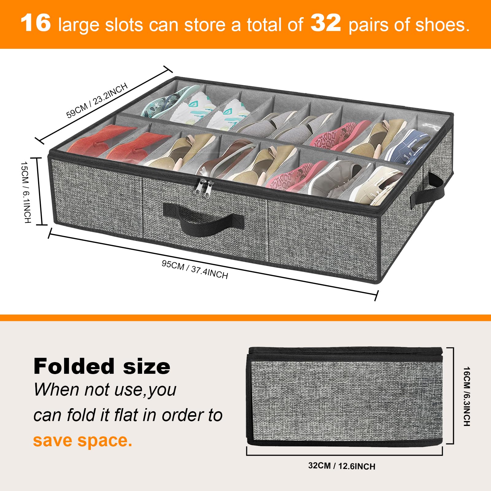 Under the Bed Shoe Storage Organizer for Closet, Extra Large Underbed Shoe Container, 2 Pack Fits 32 Pairs