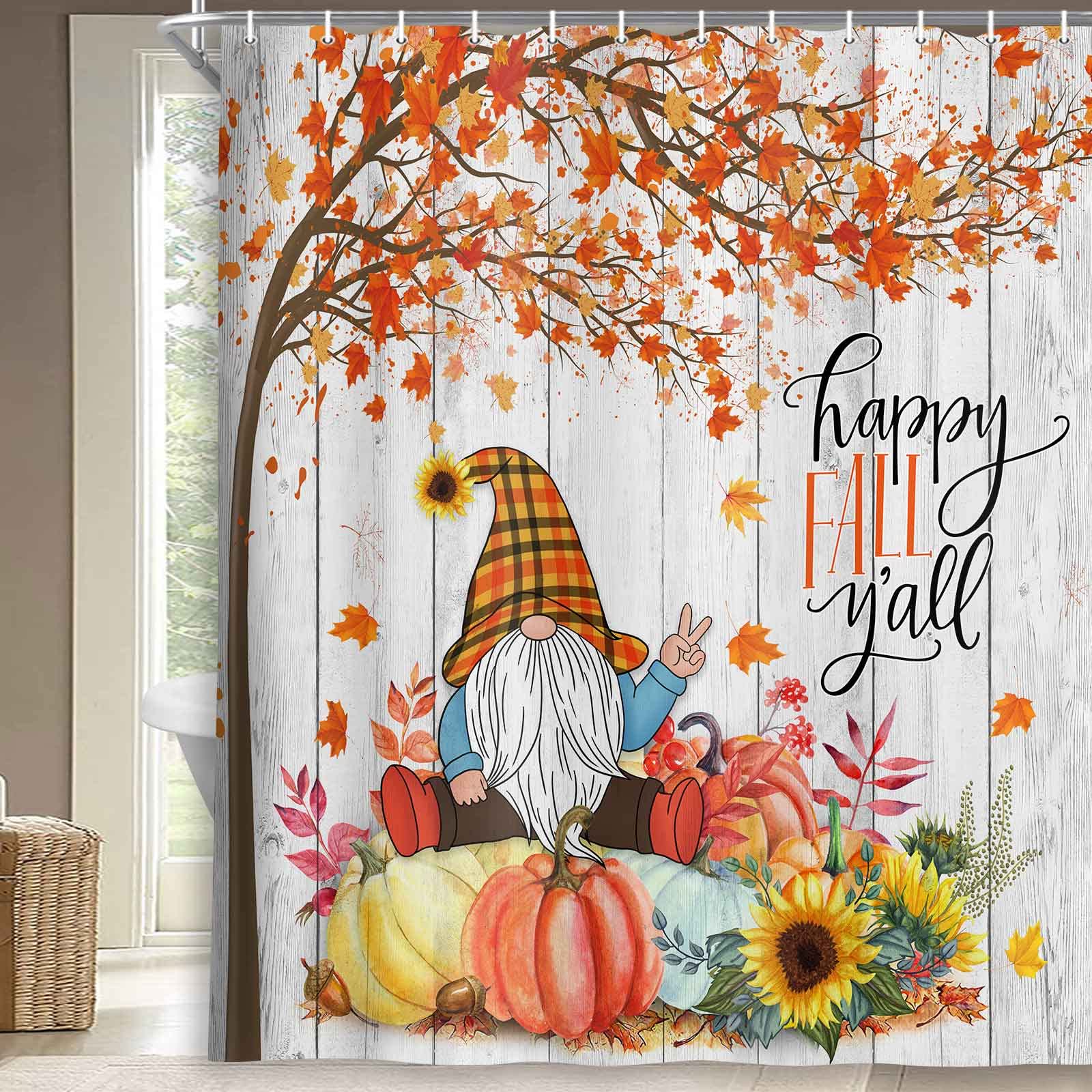 Boziqr Fall Gnome Thanksgiving Shower Curtain, Autumn Maple Tree Leaves Pumpkin Bathroom Curtains, Farmhouse Harvest Rustic Deco