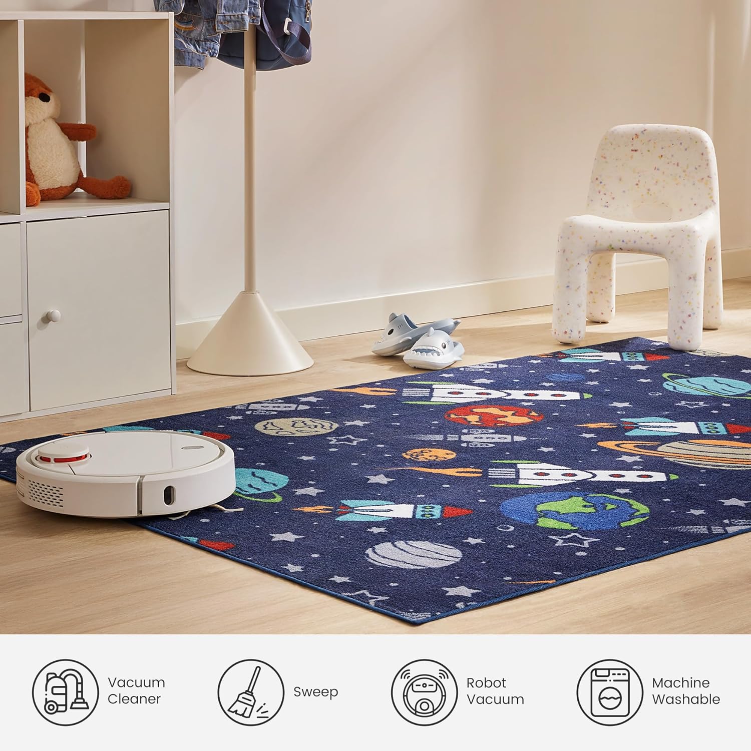 Machine Washable Non Slip Kids Rugs for Living Room & Bedroom - Rocket Galaxy