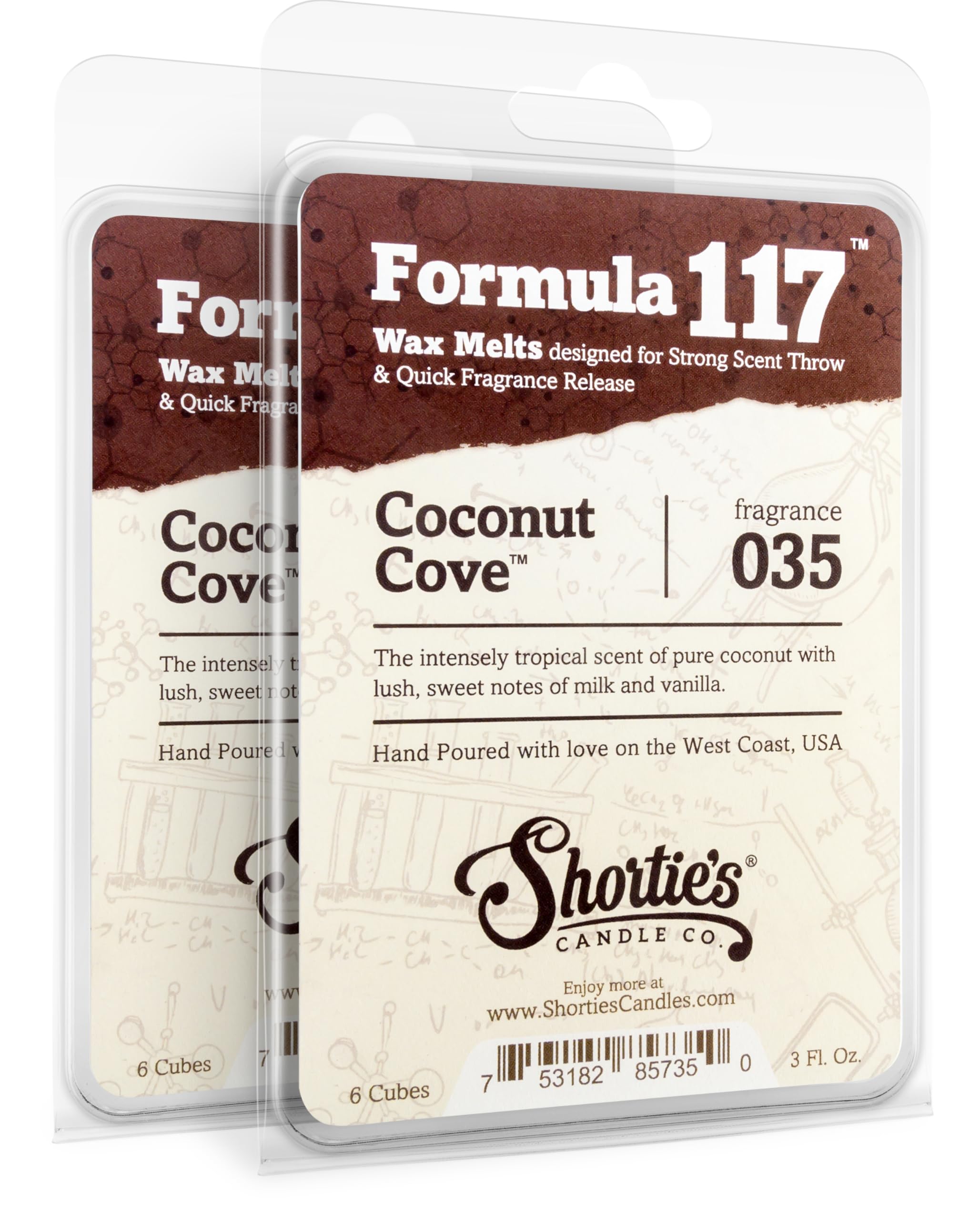Shortie 's Candle Company Coconut Cove Wax Melts Multi Pack - Formula 117-2 Highly Scented 3 Oz. Bars (6 Oz. Total) - Made with