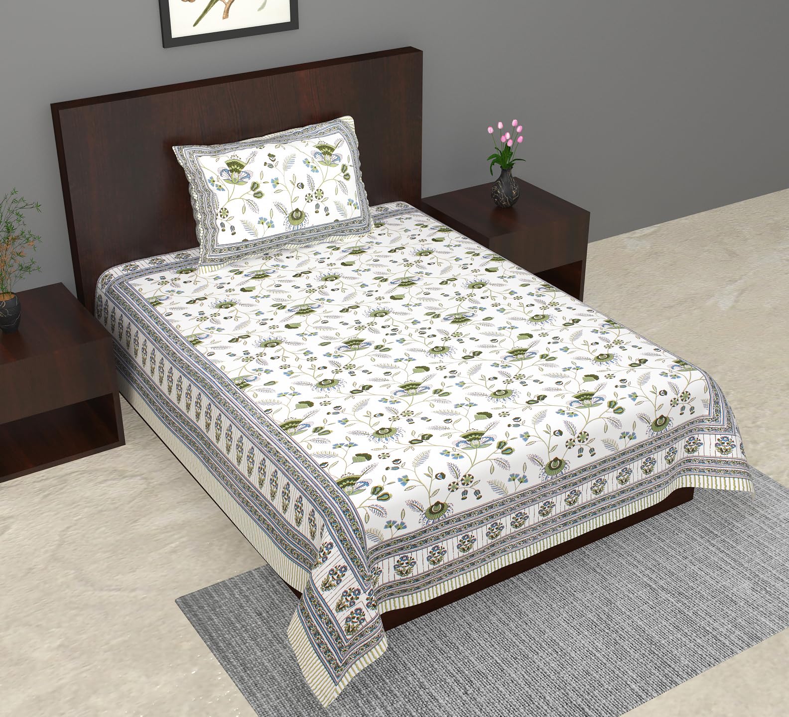E Elma Cotton 180 TC Ethnic Single Bedsheet with 1 Zipper Chain Pillow Cover,Pack of 1  Blue