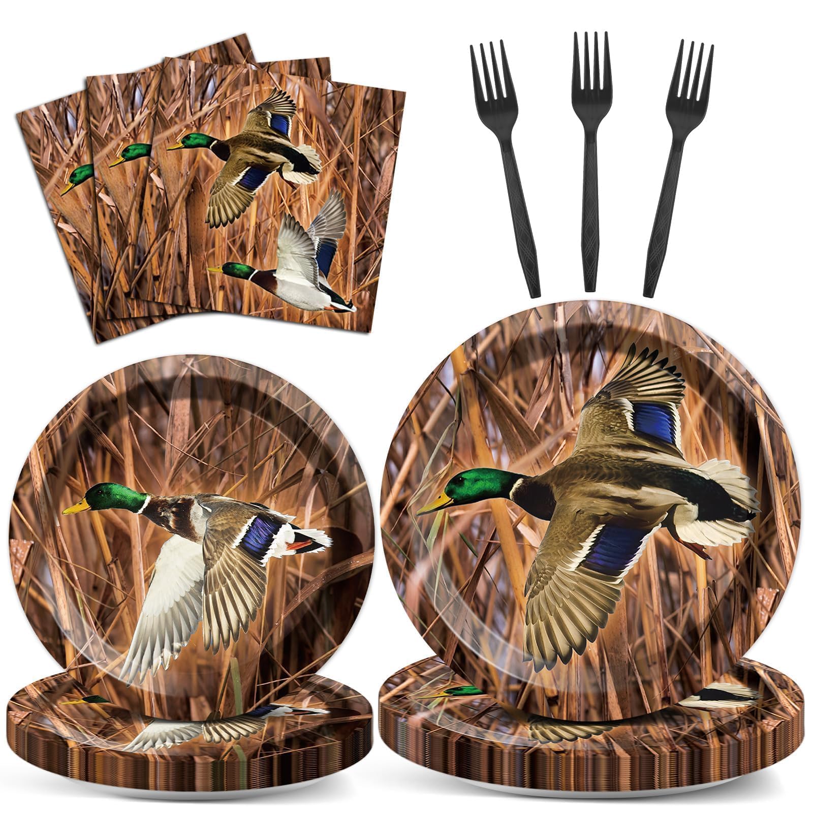 Naozinebi Mallard Duck Party Plates Napkins Duck Hunting Party Tableware Set Duck Theme Birthday Party Decorations Duck Disposab