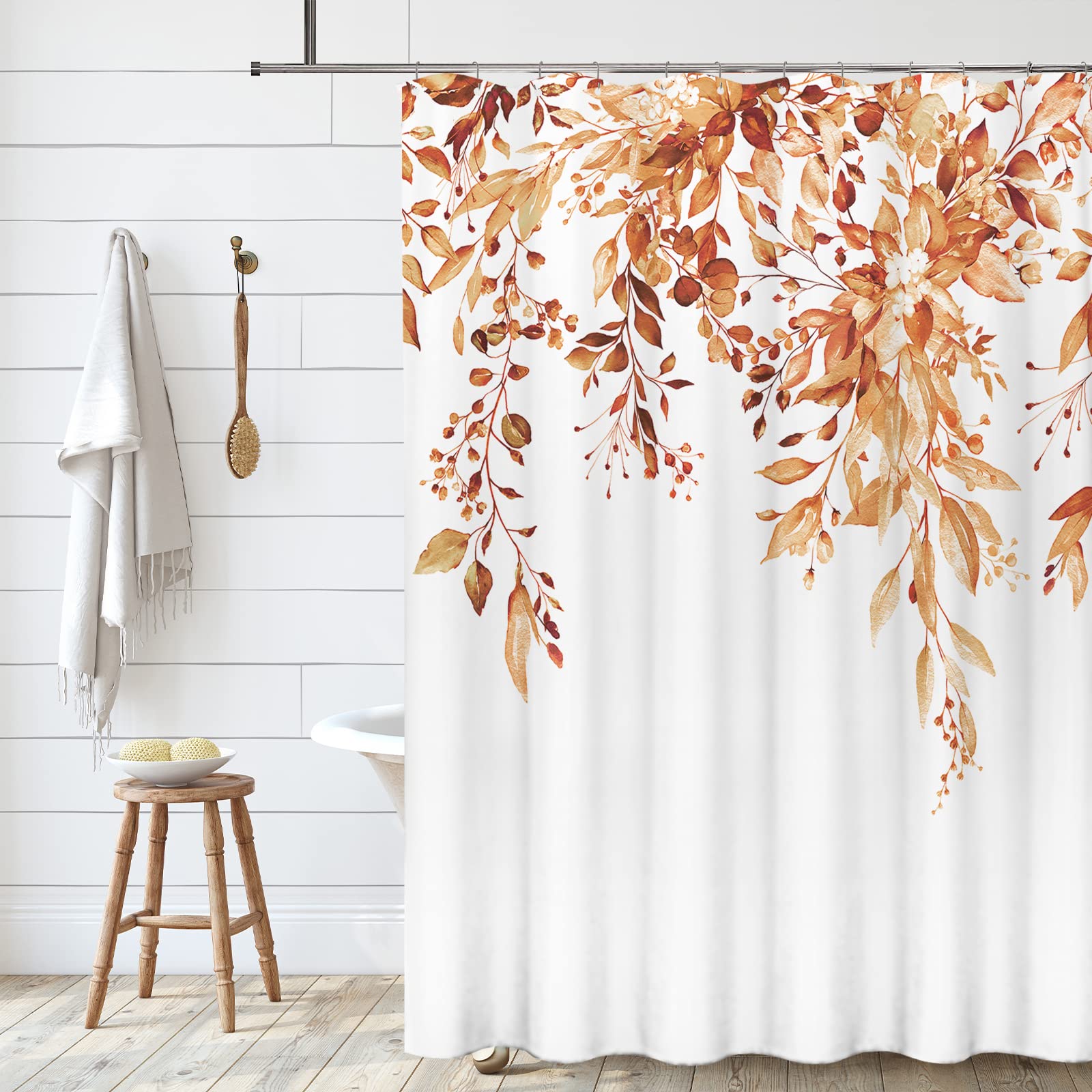 Tititex Orange Eucalyptus Shower Curtain Sets, Watercolor Leaves On The Top Plant With Floral Bathroom Decoration 72X84 Inch Wit