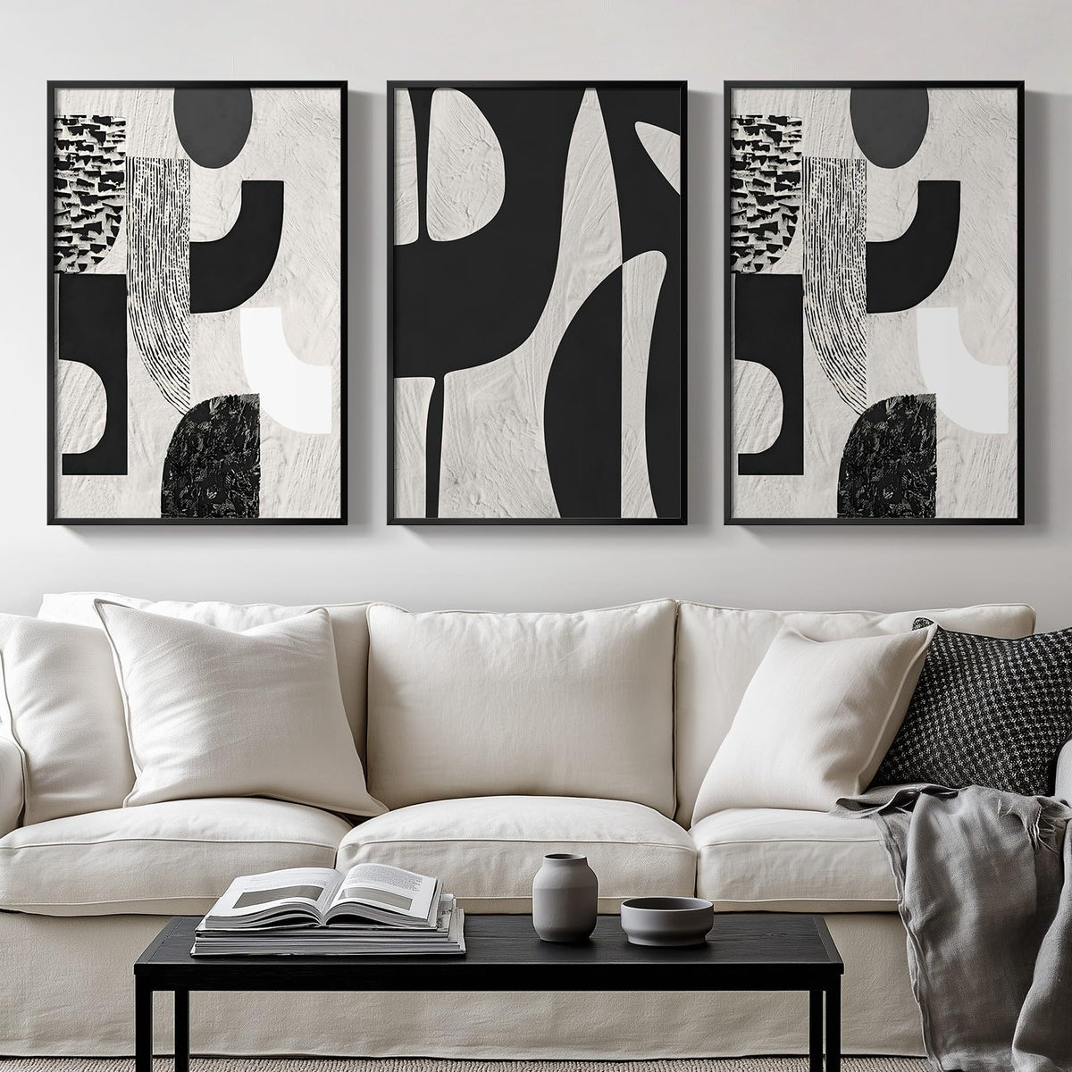 Framed Black And White Abstract Wall Art, Black Boho Wall Decor For Living Room, 3 Piece Modern Minimalist Geometric Canvas Art