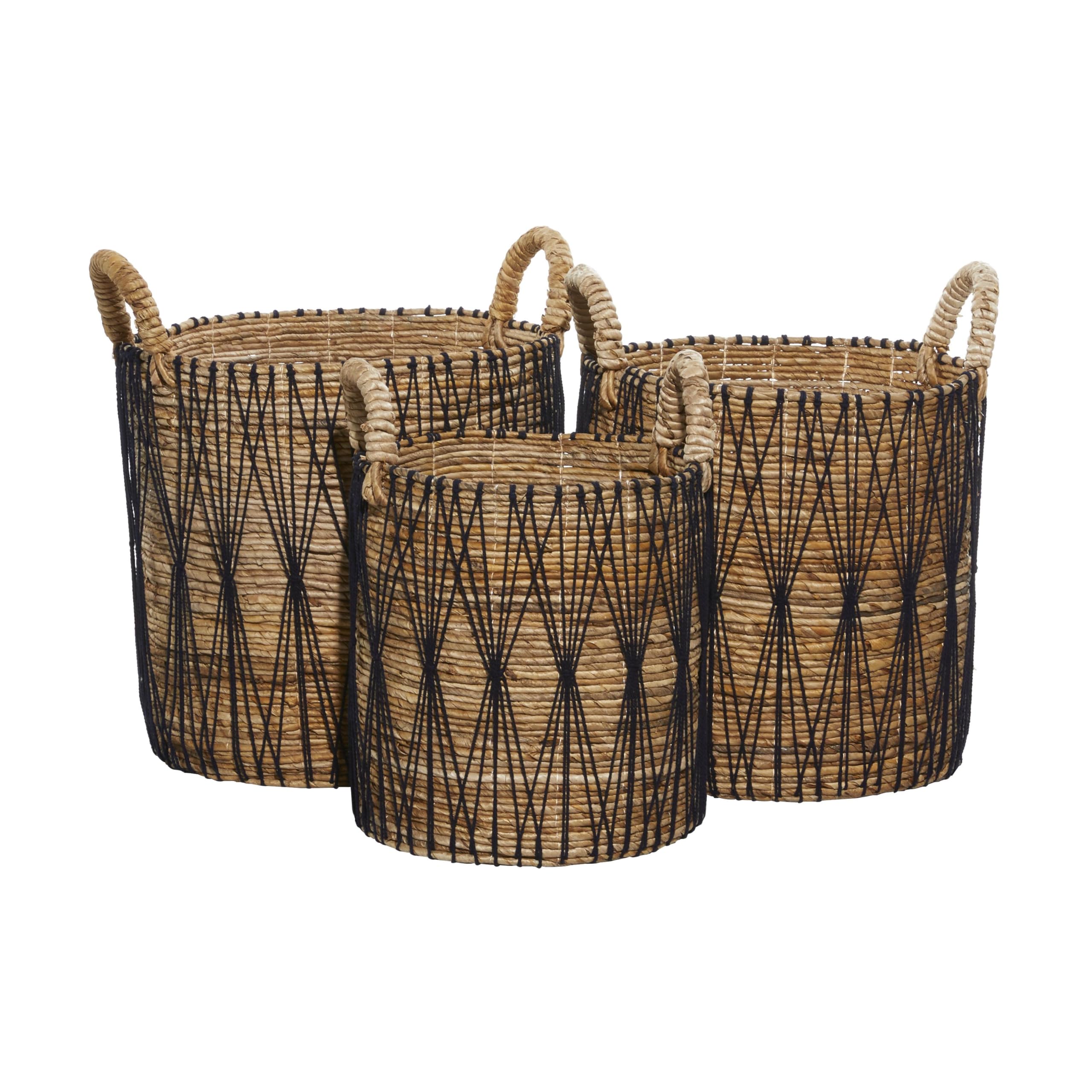 Deco 79 Banana Leaf Handmade Decorative and Functional Storage Basket String Detail Basket Organizer with Handles, Set of 3 Bask