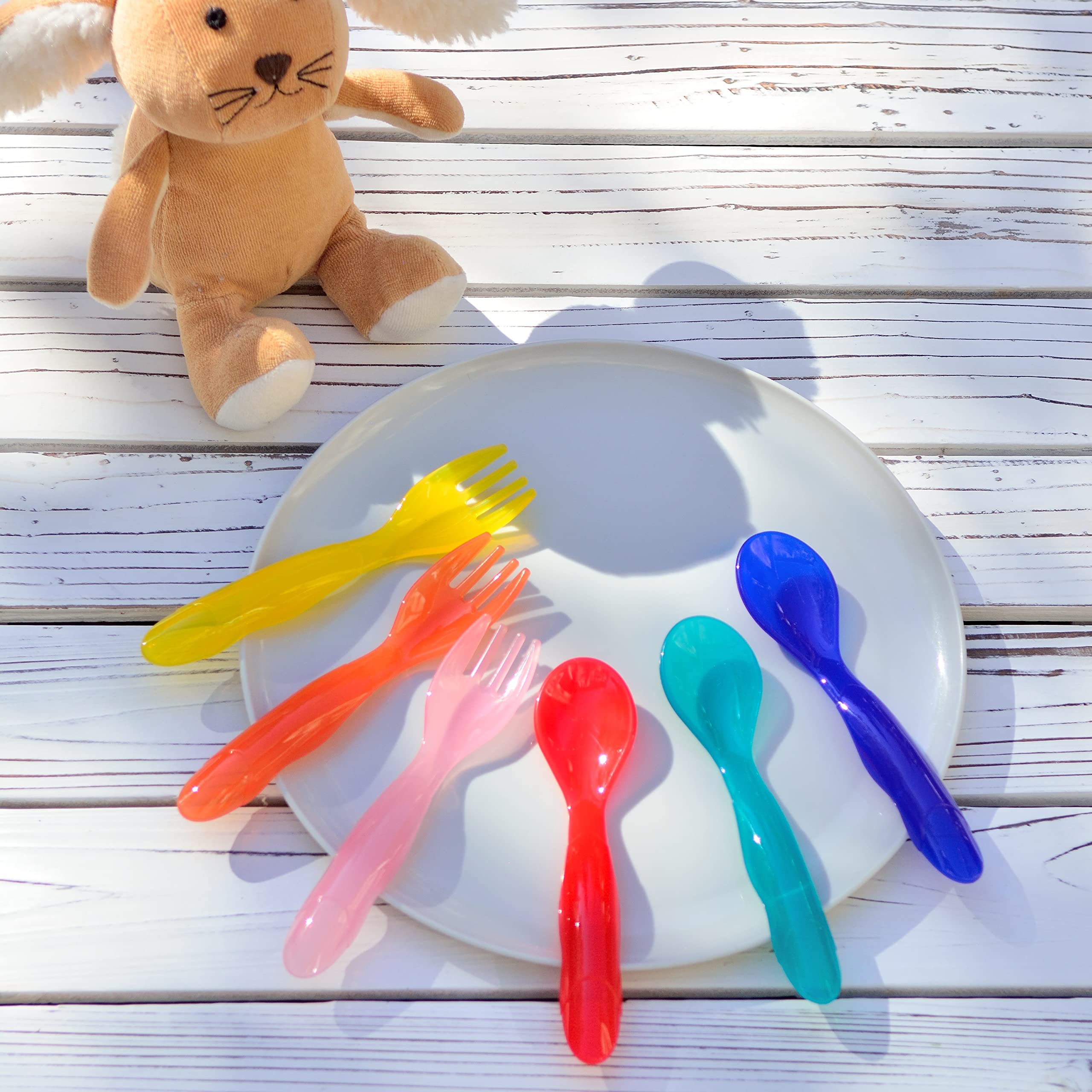 Youngever 18 Pcs Plastic Toddler Utensils, Plastic Kids Forks Kids Spoons, Large Size, Top Dishwasher Safe, Set of 9 in 9 Rainbo