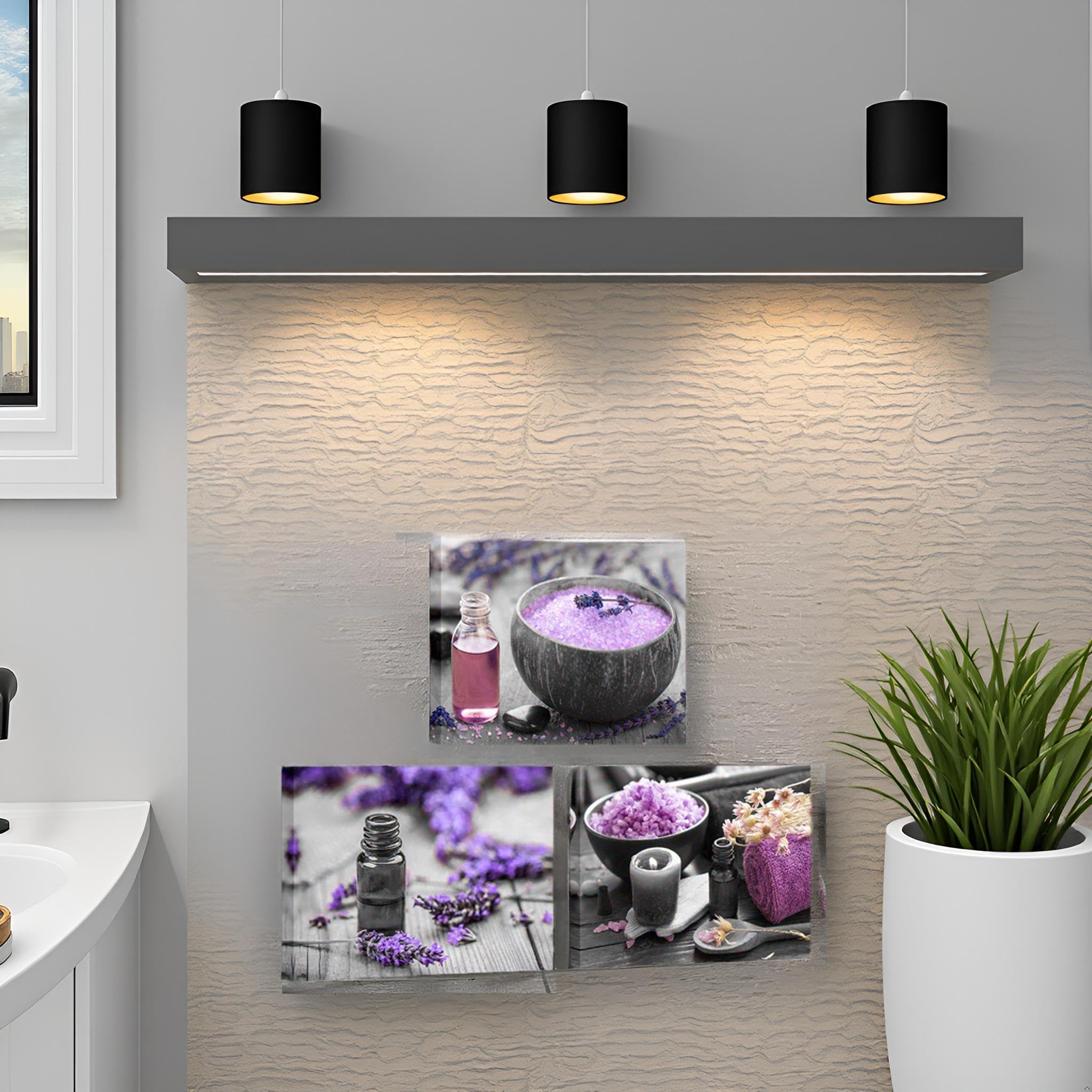LevvArts 3 Piece Canvas Wall Art for Bathroom Wall Decor Purple Lavender Flower and Spa Salt Picture Painting Print on Canvas Zen Still Life Artwork Stretched Canvas Ready to Hang 12x16inchesx3pcs