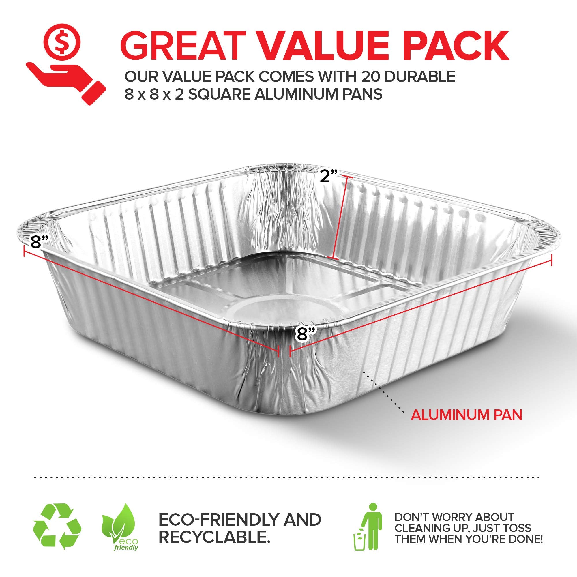 Aluminum Pans 8X8 Disposable Foil Pans (20 Pack) - 8 Inch Square Pans - Tin Foil Pans Great For Cooking, Heating, Storing, Prepp