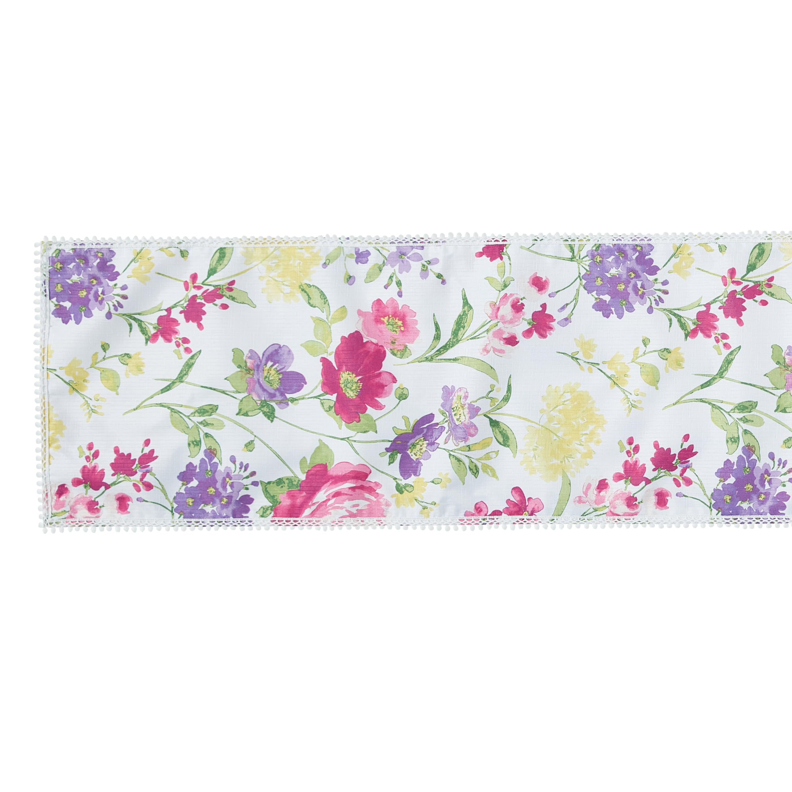 Newbridge Fabric Table Runner, 13 X 70 Inch Rectangle, Summer Sophia Pom Pom Fringe, Wrinkle And Stain Resistant Pink And Purple