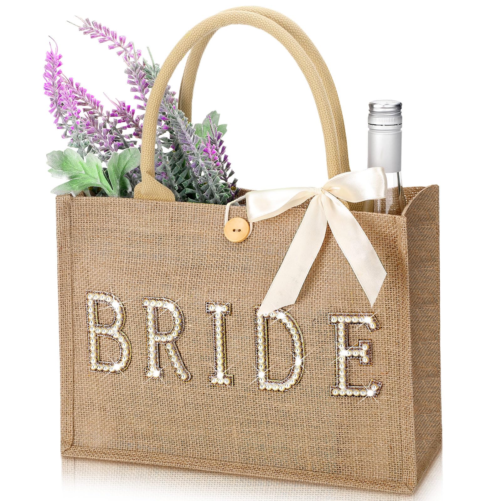 Silkfly Wedding Bride Bag Natural Jute Tote with Ribbon Bride Gift Bag with Handle for Shower(Gold Edges,Bride)