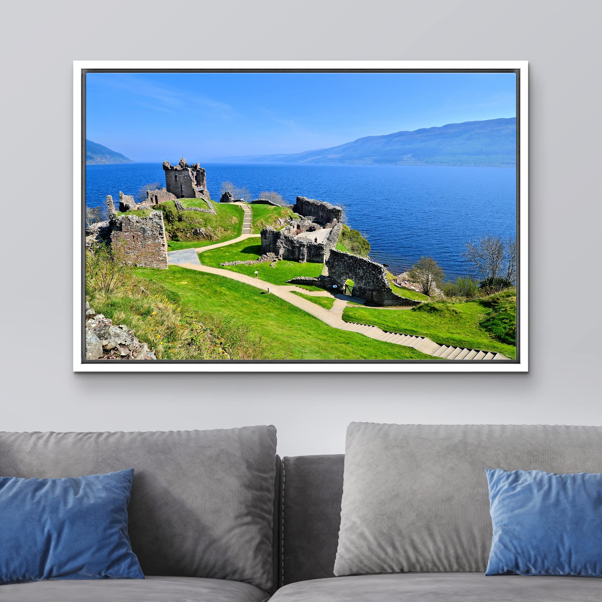 Beautiful Scenery Landscape Of Ruins Of Urquhart Castle Along Loch Ness Scotland - Framed Canvas Art Wall Art - 16''X24'' White