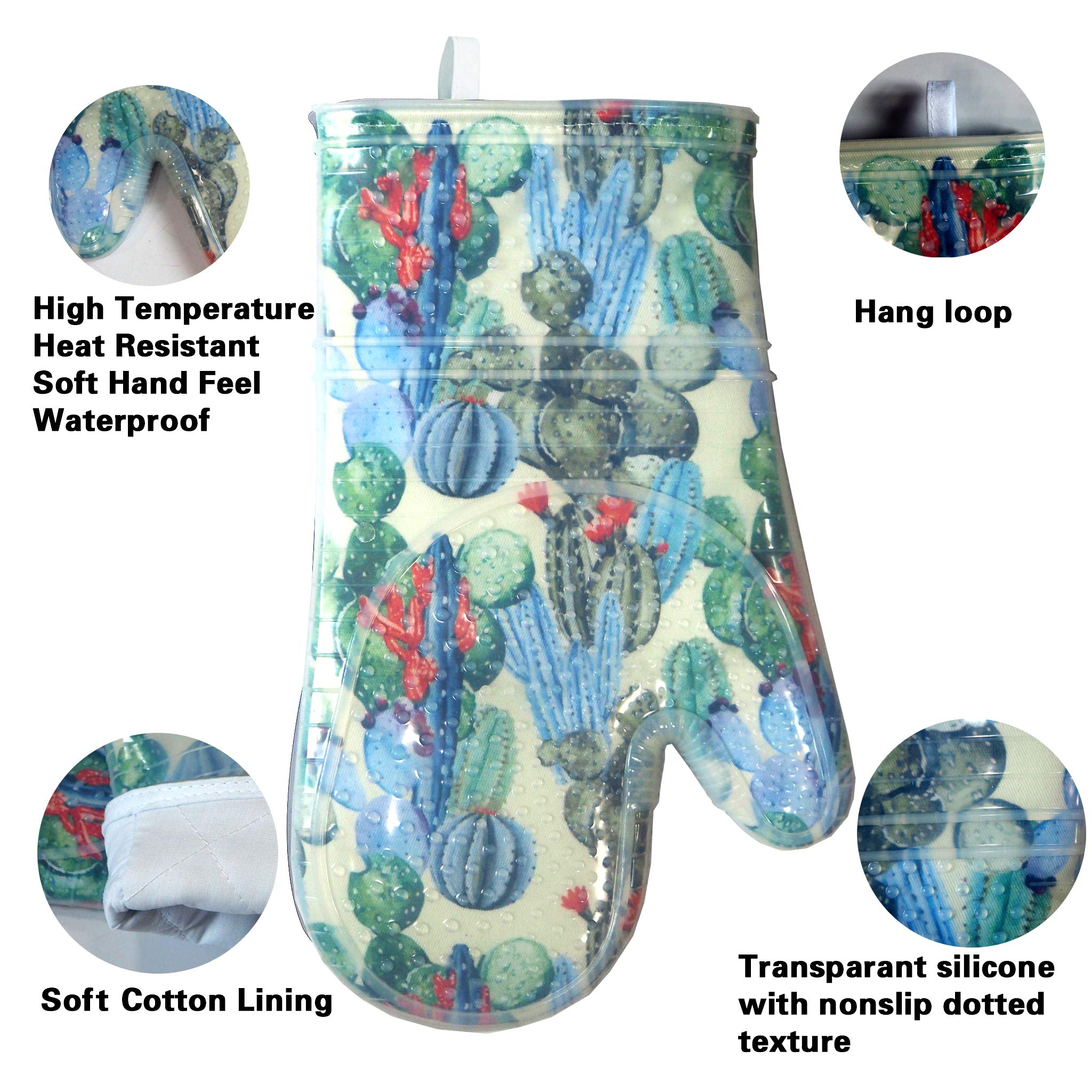 Oven Mitts Set Of 2 With Transparent Clear Silicone Shell And Nice Fruit Flower Cotton Lining, Heat Resistant To 500 F Kitchen O