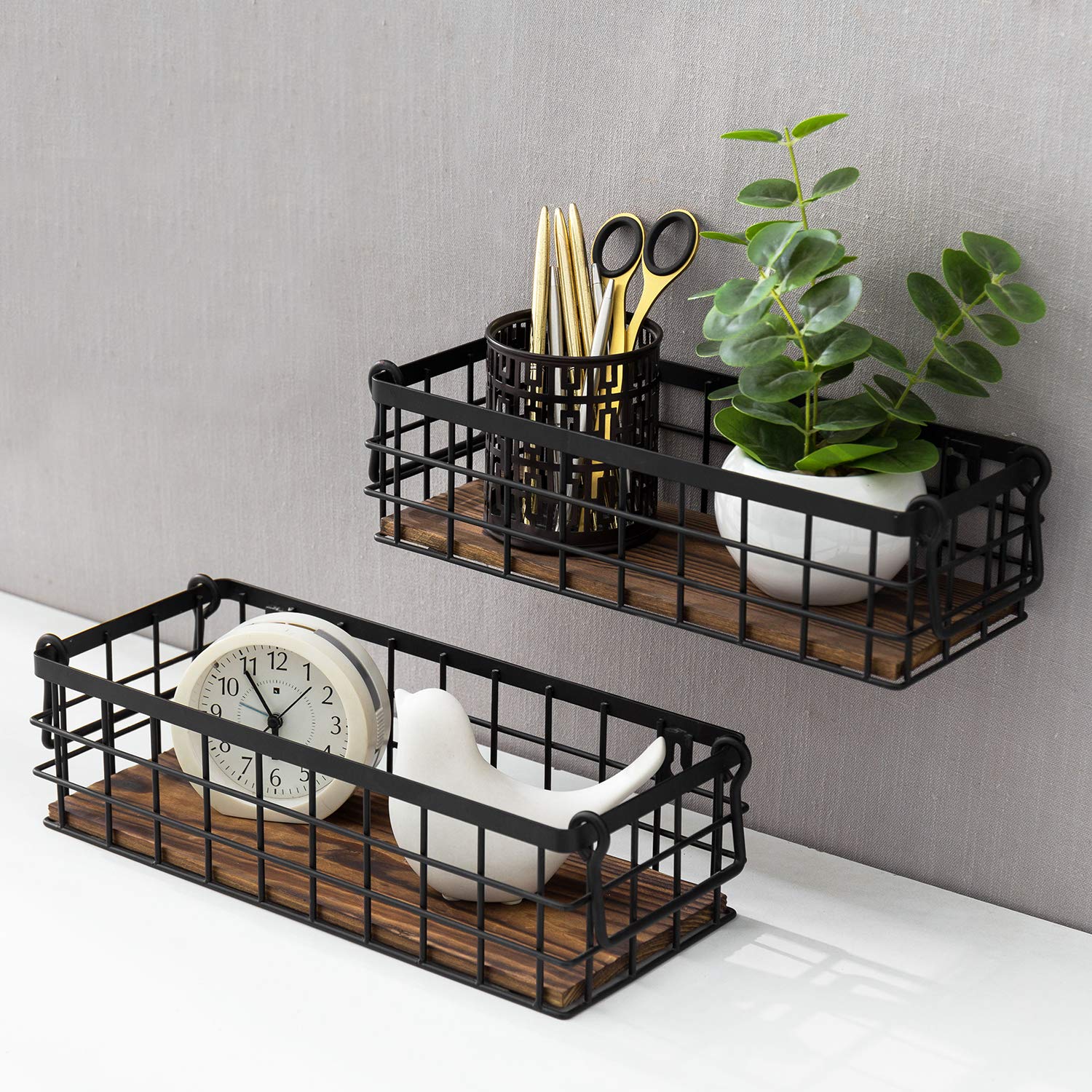 Mygift Wall Mounted Or Tabletop Rustic Black Metal Wire And Burnt Wood Small Decorative Storage Baskets With Handles, Set Of 2