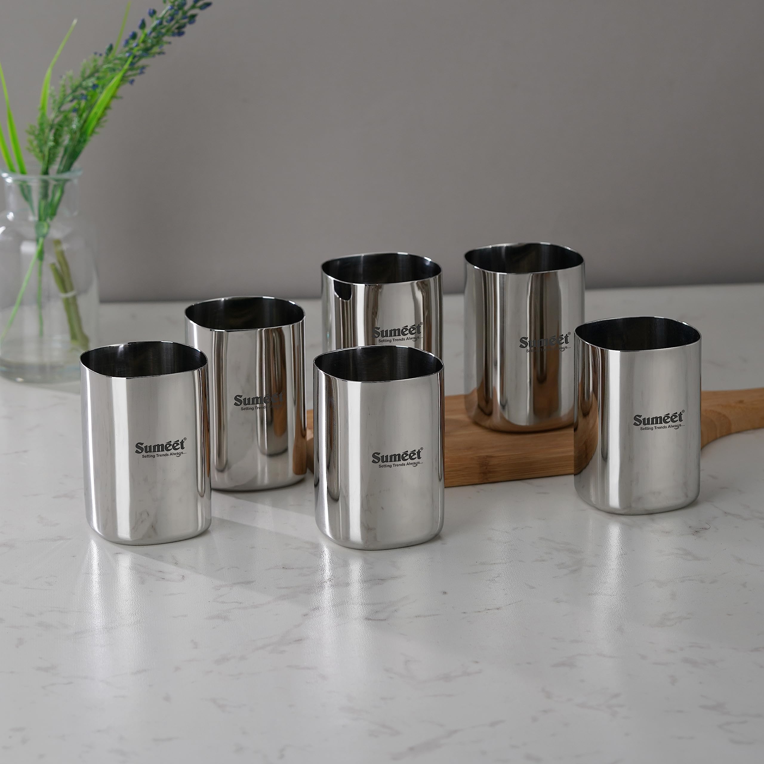 Sumeet Stainless Steel Mirror Finish Square Shape Heavy Gauge Glass Set of 6 Pcs  6.5cm Dia  (350ml Each)