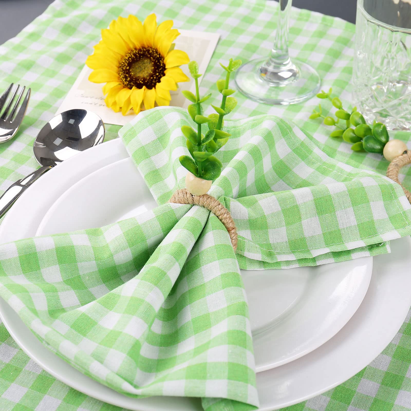 Buffalo Plaid Cloth Napkins Set Of 6, 18 X18 Inches Green White Cotton Washable Table Napkins, Reusable Gingham Cloth Dinner Nap