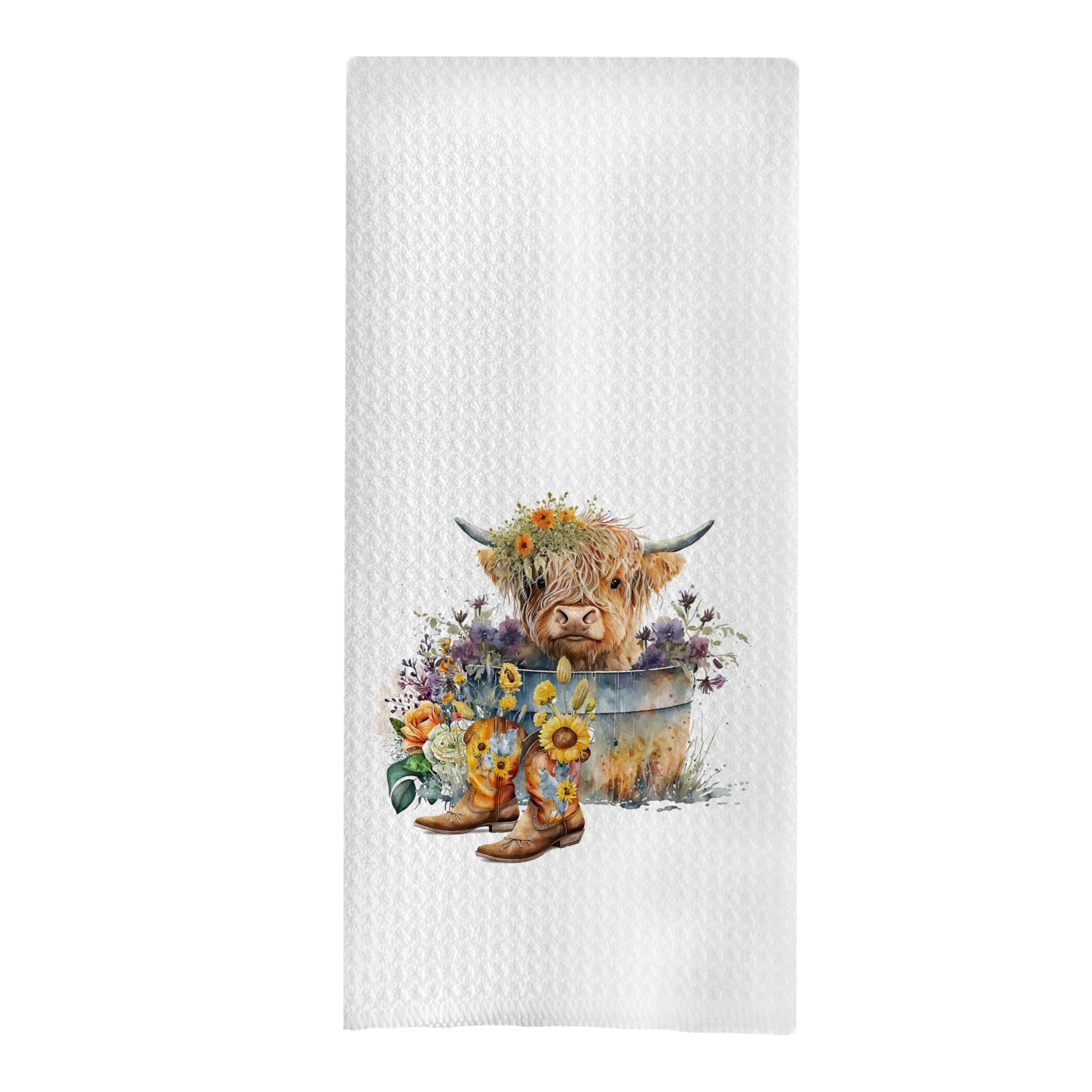GCFET Highland Cow Dish Towels - Spring Decorative Kitchen Towels, Western Sunflower Floral Cowgirl Boots Hand Tea Towels, Highl