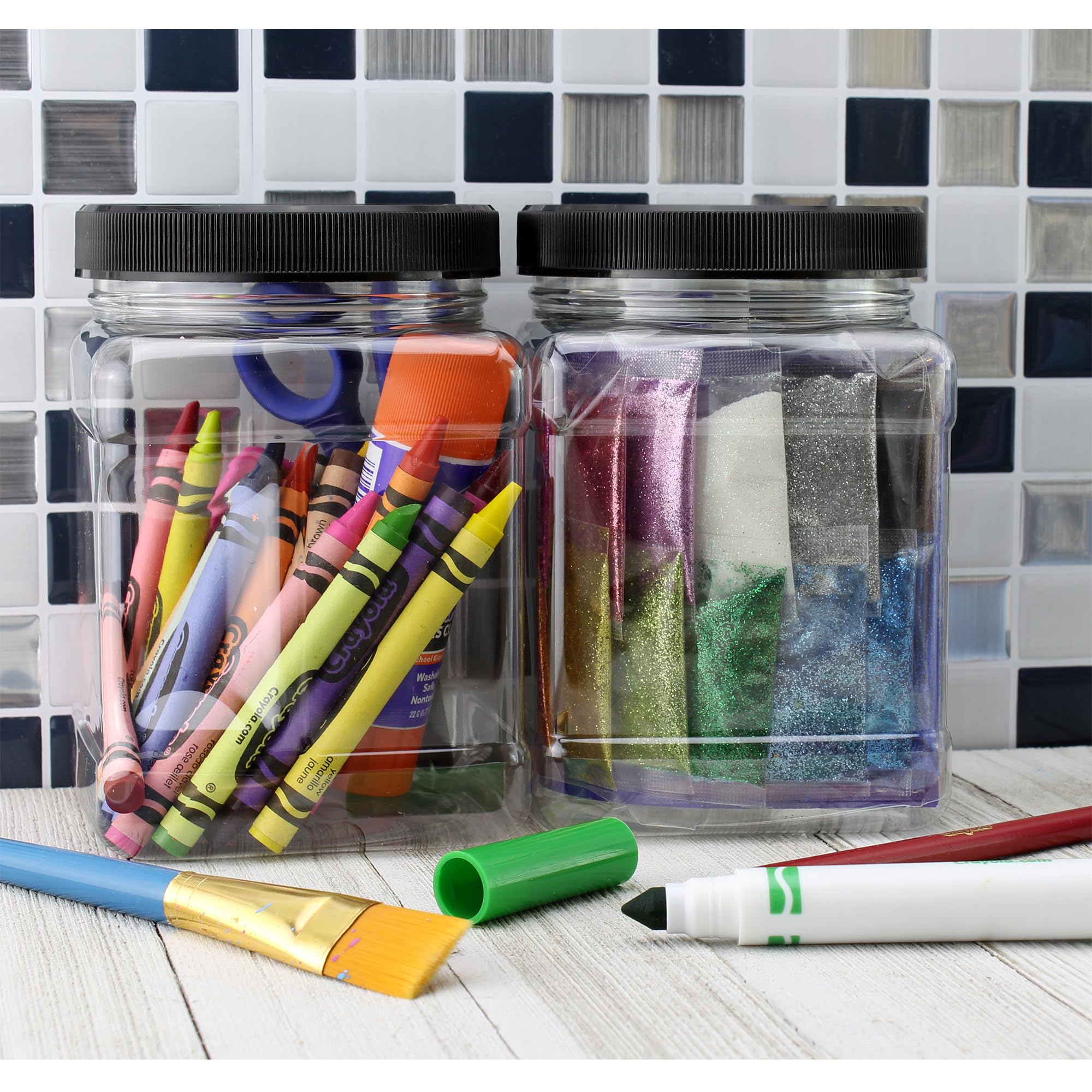 32oz Square Plastic Jars (4-Pack  Quart); Clear Rectangular 4-Cup Canisters w/Black Lids  Easy-Grip Side