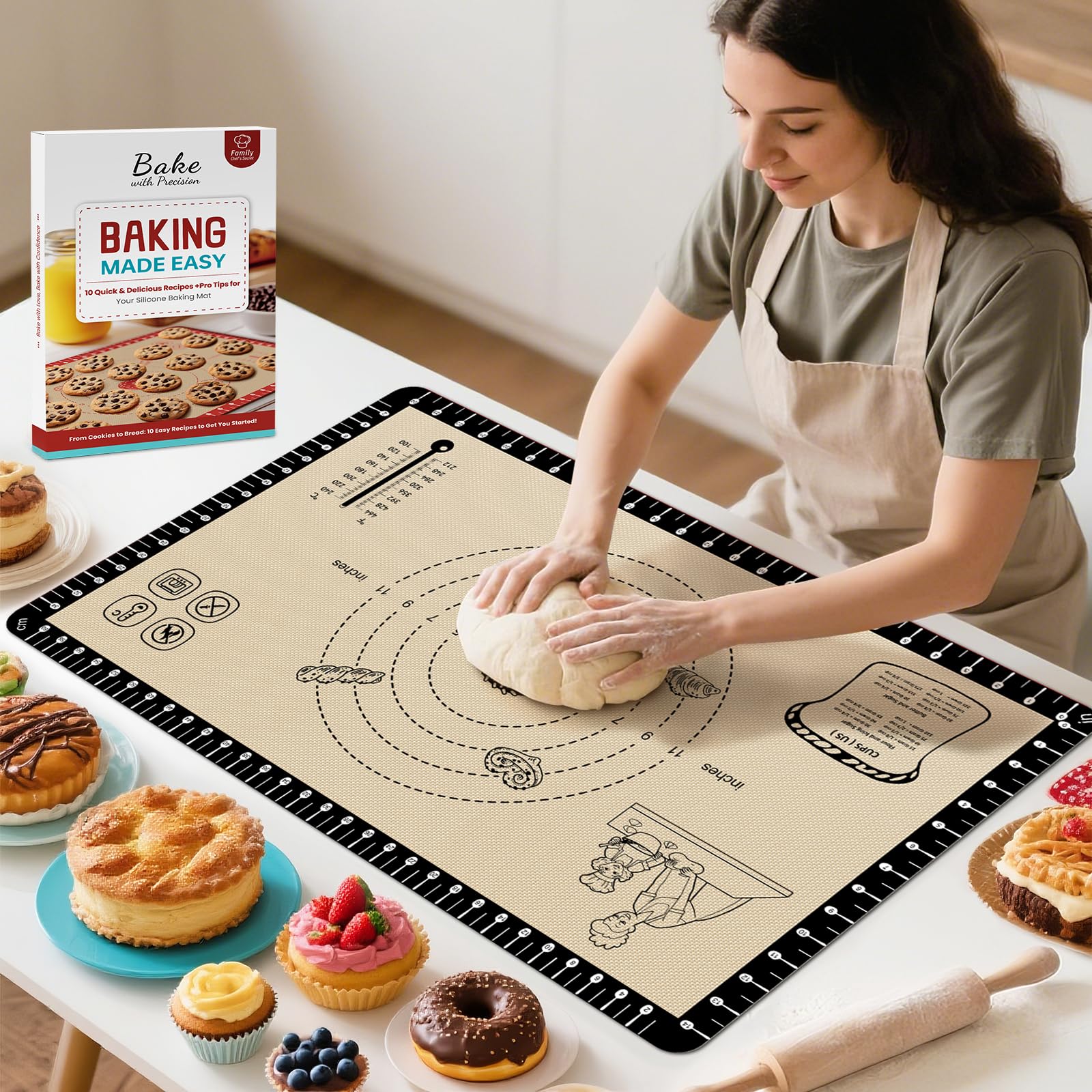 Silicone Baking Mat with 10 Recipes, Non Stick Silicone Pastry Mat, Kneading Dough Rolling Mat Silicone Mats for Baking Cookie, 