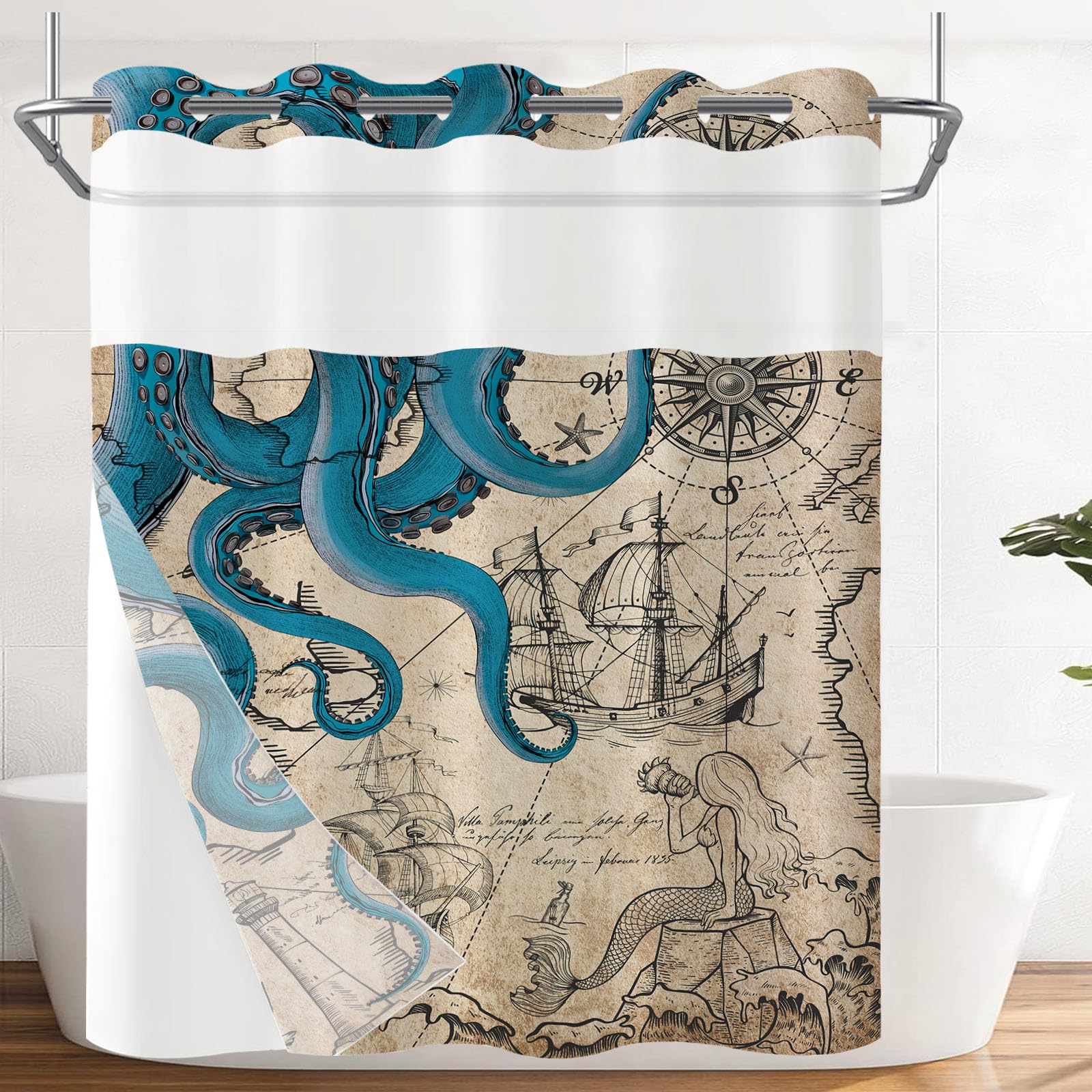 Fungarth Vintage Nautical Octopus No Hook Shower Curtain With Snap In Liner Navy Blue Funny Ocean Mermaid Hookless Shower Curtai