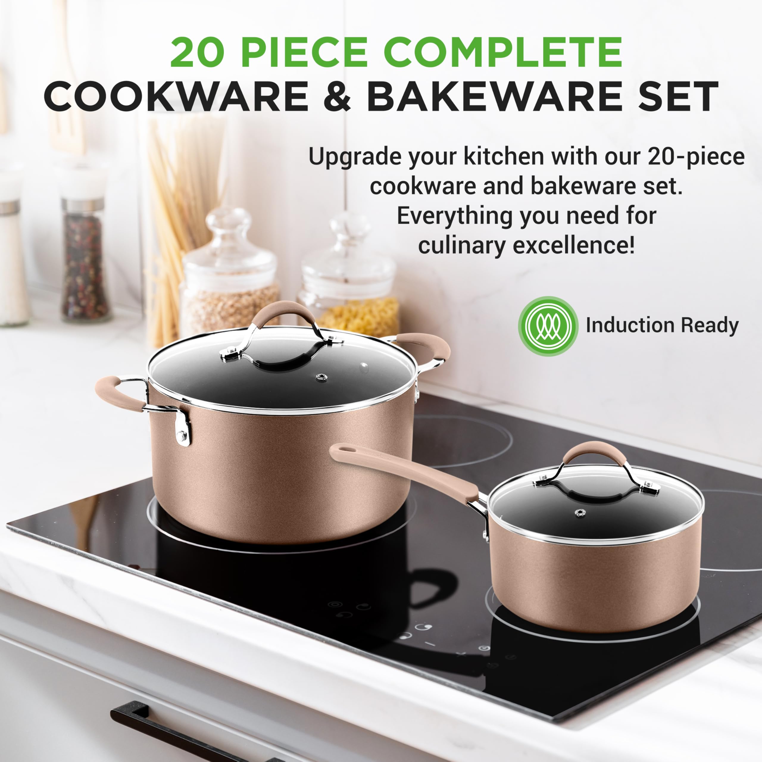 NutriChef 20-Piece Nonstick Kitchen Cookware Set - PFOA/PFOS-Free Heat Resistant Lacquer Kitchenware w/ Bakeware, Frying Pans, C