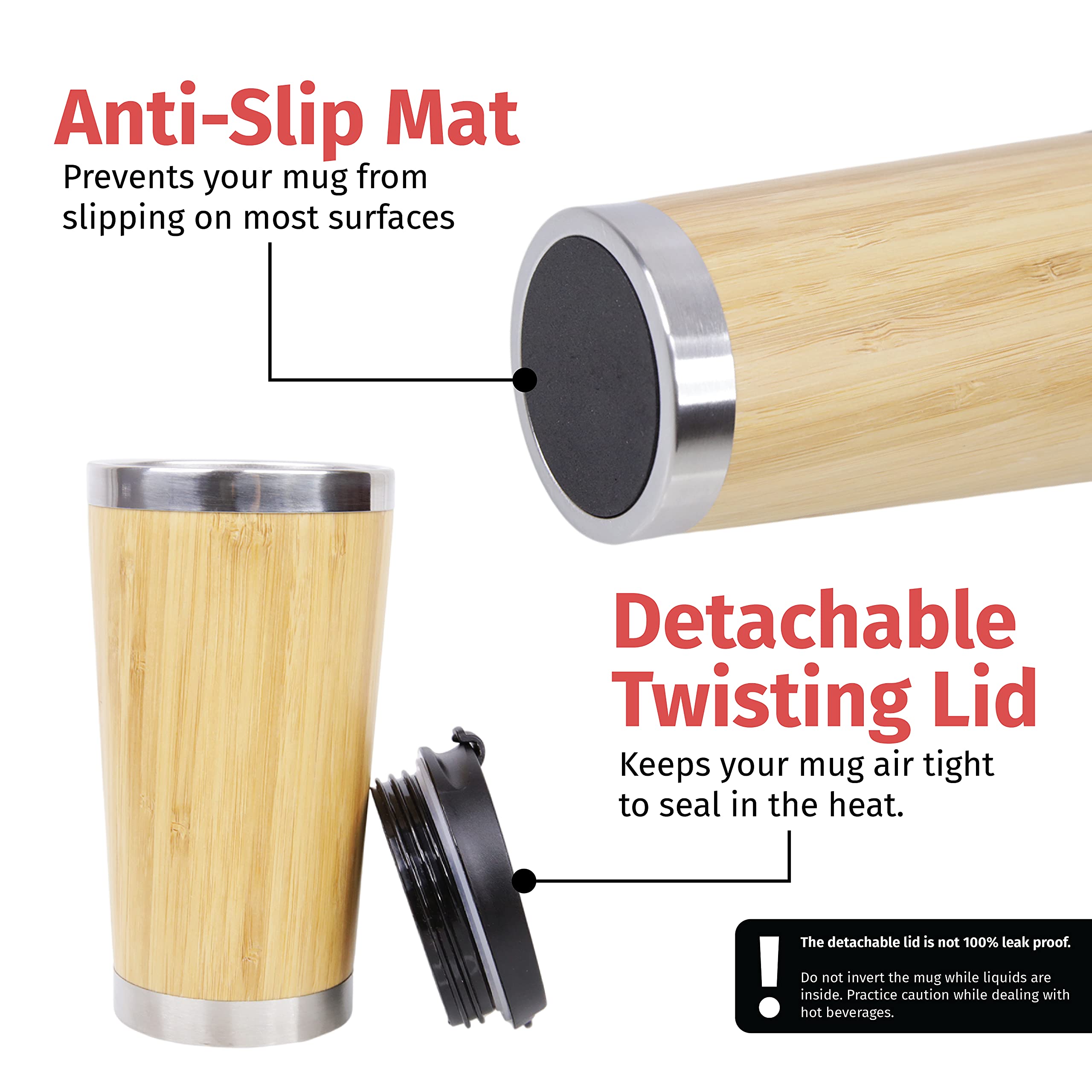 Printsupremacy Stainless Steel Bamboo Mug With Removable Lid, 15Oz Tumbler Bamboo Mug, Lightweight Vacuum Insulated Mug With Sli