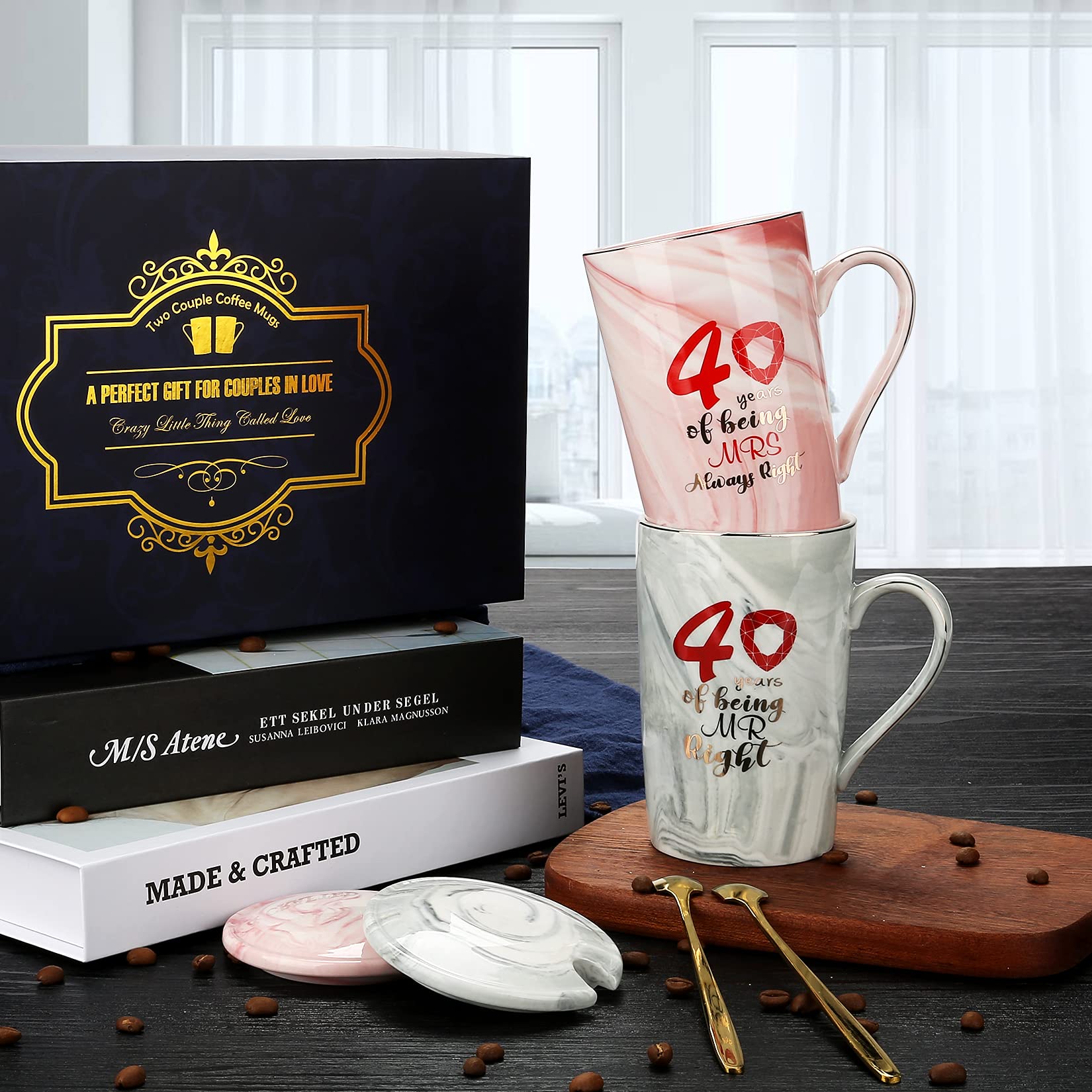 Sovyime 40 Years of Being Mr Right and Mrs Always Right Wedding Marriage Anniversary Cup for Couple Ceramic Marble Coffee Mugs -
