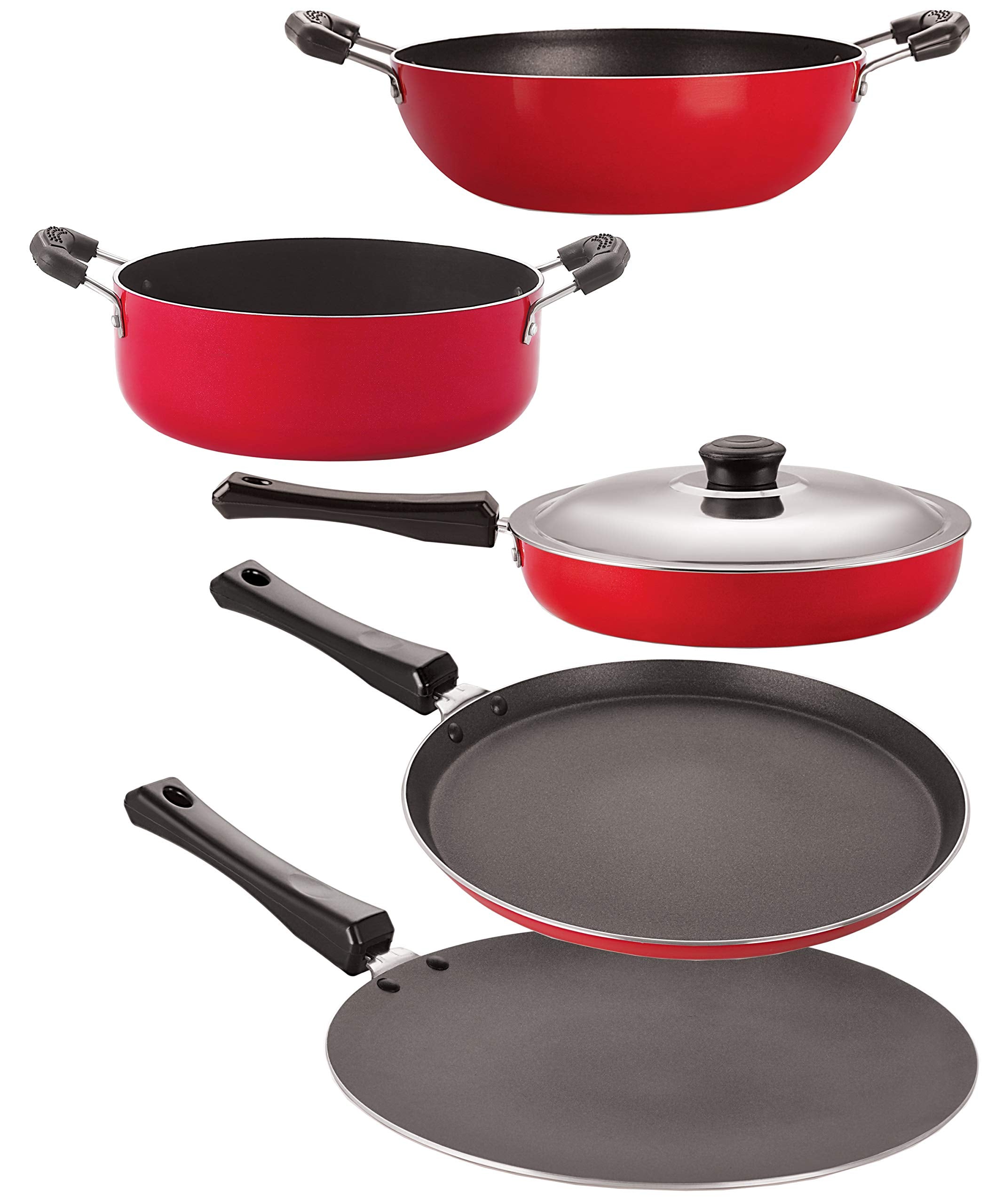 Nirlon NonStick Coated Aluminium 5 Piece Gas Compatible Wooden Spoon Friendly Cookware Essential Item Combo Set Offer