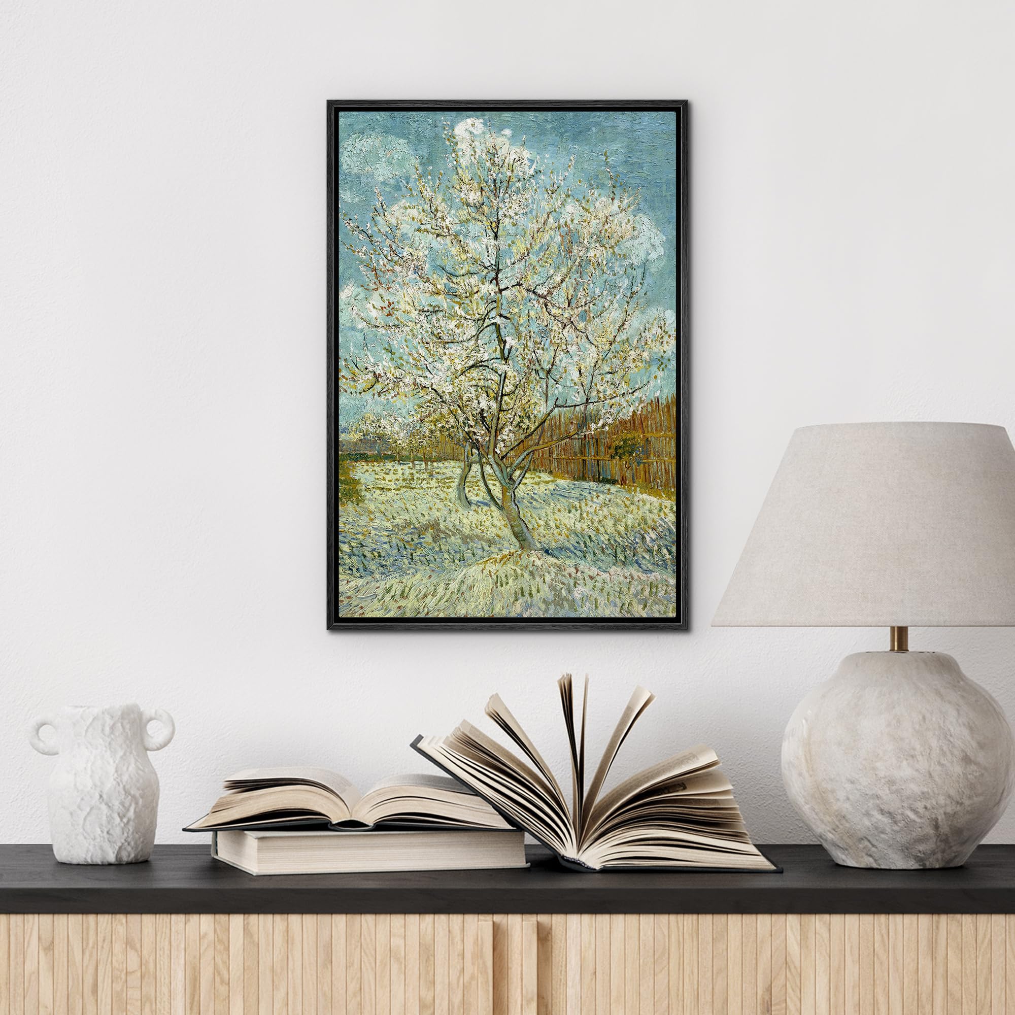 Wall26 The Pink Peach Tree By Vincent Van Gogh - Framed Canvas Print Wall Art Famous Oil Painting Reproduction - 16''X24'' Black
