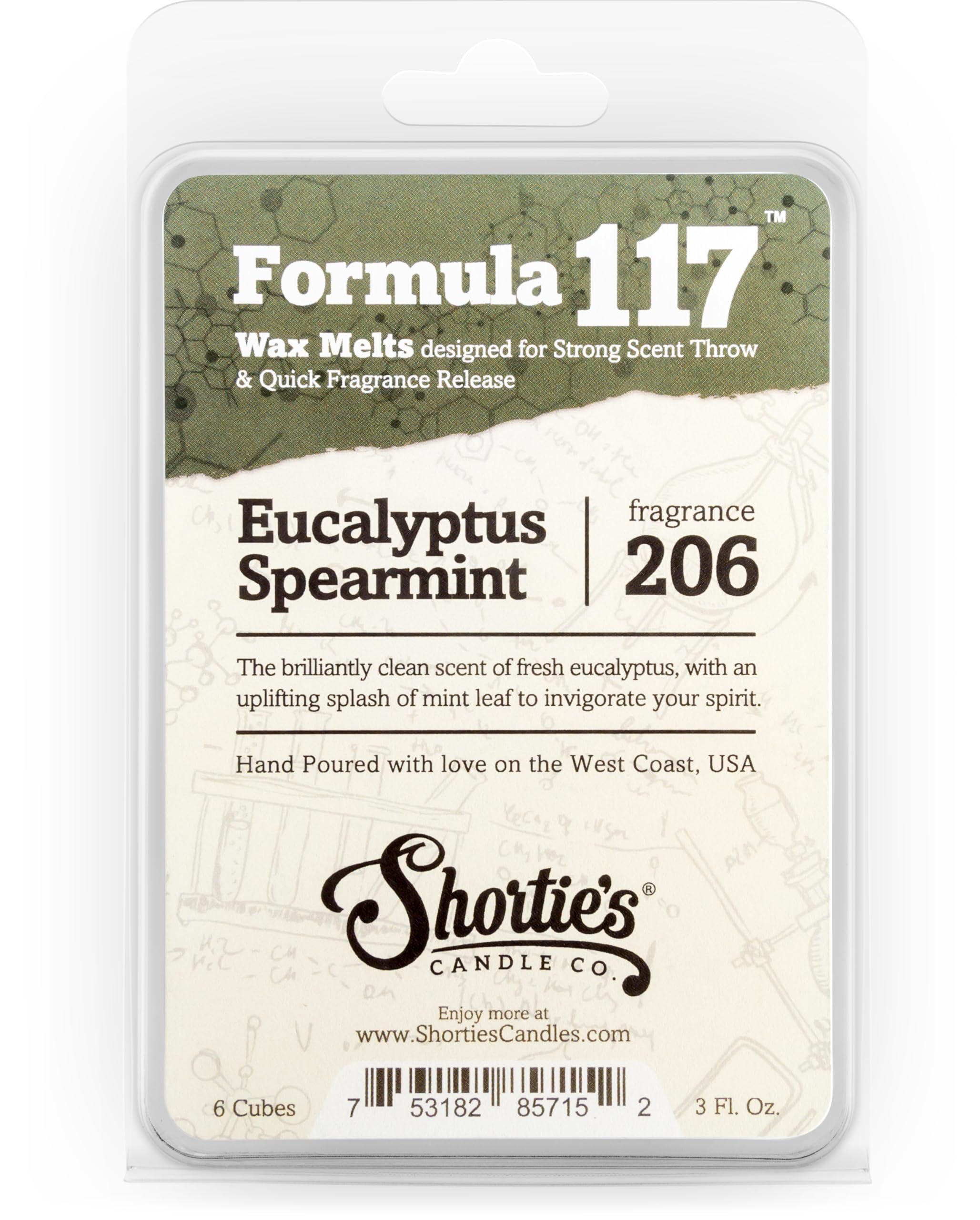 Shortie's Candle Company Eucalyptus Spearmint Wax Melts - Formula 117-1 Highly Scented 3 Oz. Bar - Made with Essential & Natural