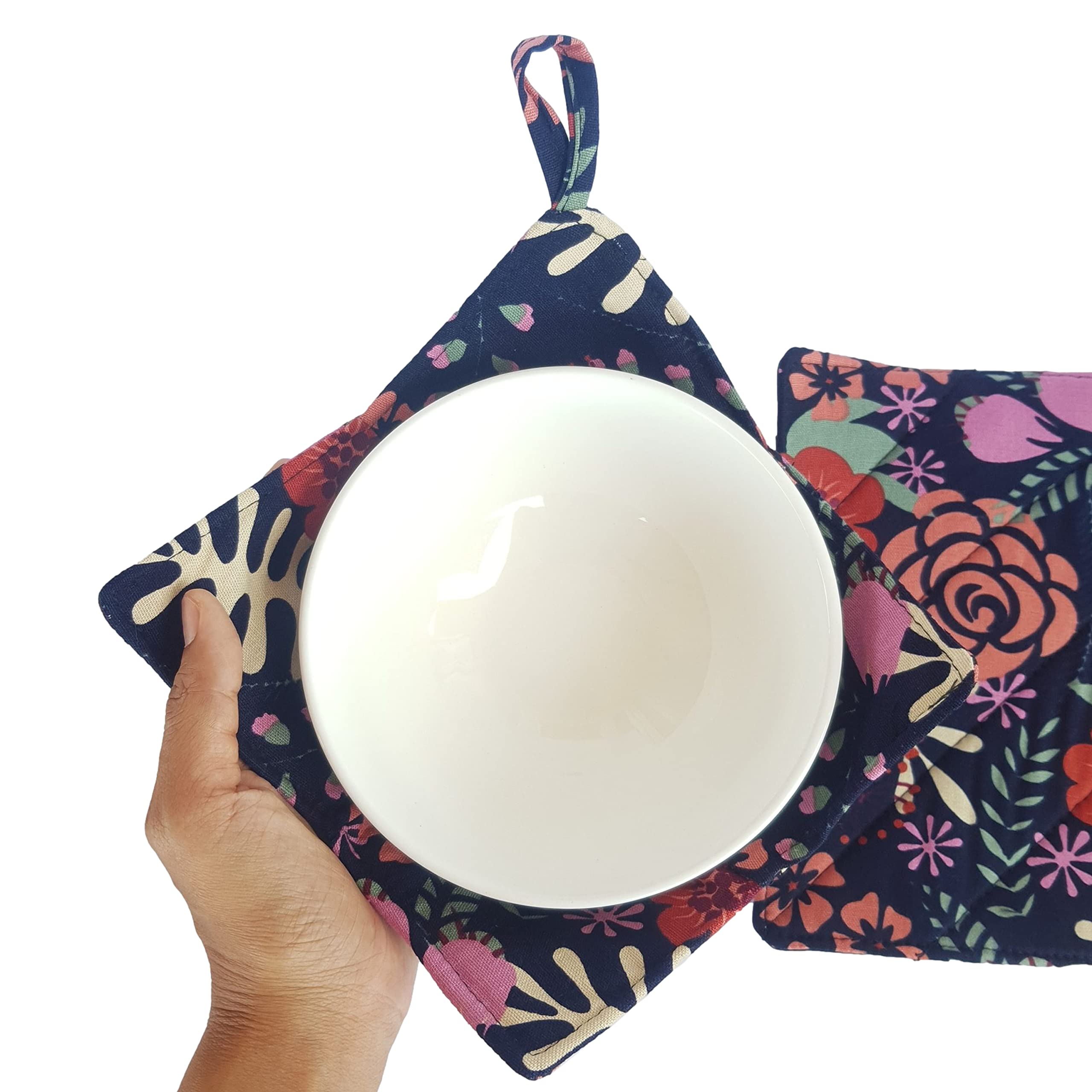 Cushystore Bowl Cozy Pot Holder Canvas Holders Heat And Cold Resistant Anti-Scalding Protector (Navy Exotic Flower)