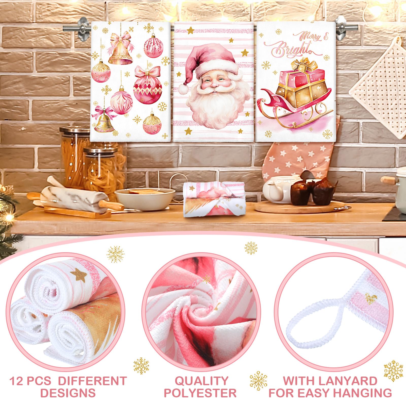 Hosuly 6 Pcs Christmas Kitchen Towels Pink White Gold Dish Clothes Decorative Christmas Tea Towels Santa Elk Sleigh Rides Noel X